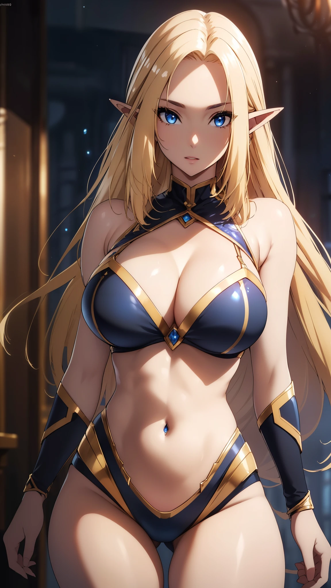 ((4k)),((masterpiece)),(best quality),((ultra detailed)), ((beautiful blurry background)), ((cinematic lighting)), depth of field, (dynamic angle),((beautiful detailed eyes), ((dynamic pose)), pretty face, large , ((cleavage)), black bikini,best quality, masterpiece, 1girl, raytracing, ultra detailed,detailed face, 8k wallpaper, (wide hips:1.2), AlphaNDV, 1girl, blonde hair, blue eyes,  very long hair, elf, pointy ears,