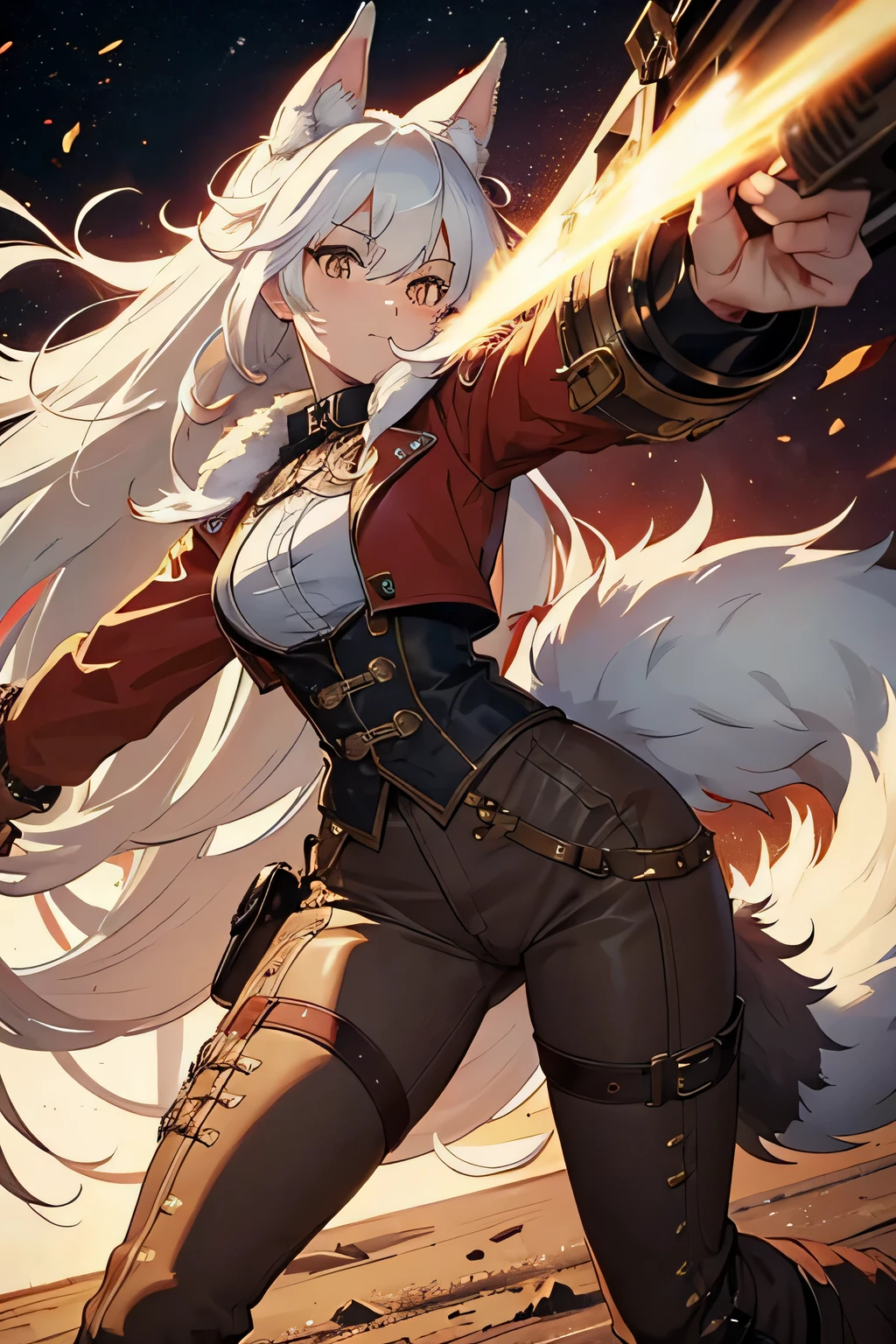 Young furry dog　neutral　Dog muzzle　Dog ears　Fluffy long hair　Fluffy tail　　Beautifully　beautiful　　white hair　Steampunk　Long red coat　gun　masterpiece　Ultra-high resolution　Brown cropped pants　Jump　Attack Stance　light eyes