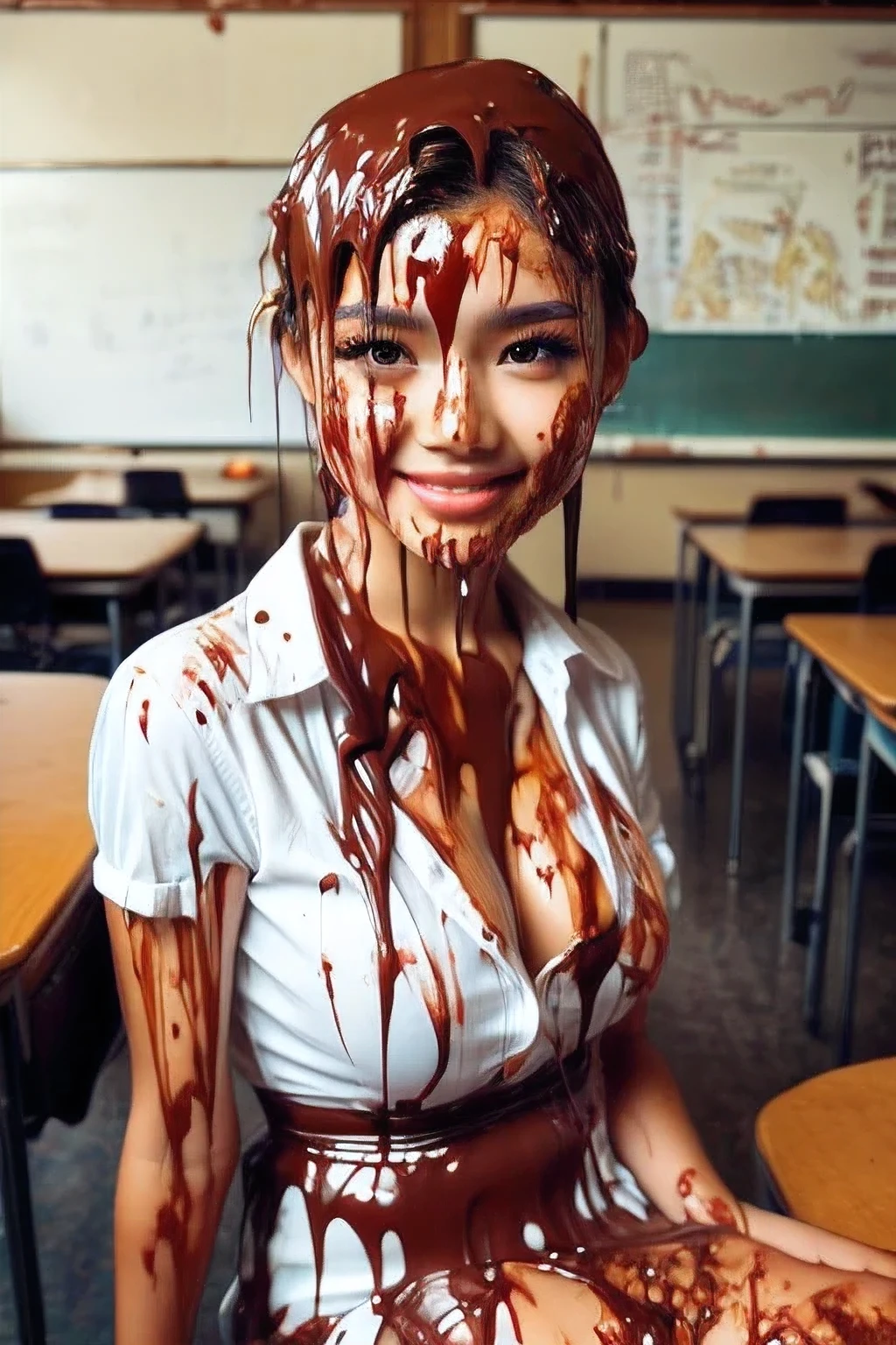 (film photograph:1.3), (photorealistic:1.4), Canon50, 16k, masterpiece, HD, detailed lips, detailed skin texture, beautiful girl, slim, skinny, extreme realism, beautiful face, delicate eyes, eyeshadow, chocolate, chocolate syrup on chest, chocolate syrup on hair, guro, blood on face, blood on hair, dirty, injury, f/2.0, bokeh, natural skin texture, textured skin, detailed textures, liquid splashes on her head, inside classroom, inside school, sitting on desk, white button shirt, plaid skirt, cleavage