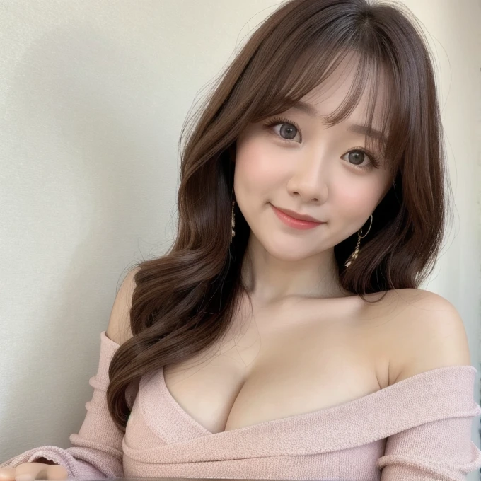 Tabletop, highest quality, Photorealistic, In detail, Textured skin、realism、High resolution, 8k wallpaper, Perfect dynamic composition, Beautiful big eyes:1.2,Drooping eyes、Small Nose、 Long Hair, Loose wavy hair、Brown Hair、Big ample breasts, Random sexy poses,Put your chest together、(Off the shoulder、Light pink tight dress)、(Breast Swelling 1.2)、smile、Close your mouth、Sit on the sofa、22 years old、(Droopy Eyes 1.4)、Baby Face、Japanese、pretty girl