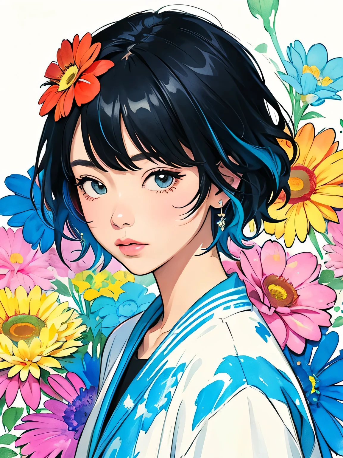 Hiromi Matsuo Style、(((stylish fashion))), 8K Quality、Intense watercolor, Detailed watercolor art, Watercolor splash, Surreal, avant-garde pop art, Beautiful and expressive paintings, Beautiful artwork illustration, Very colorful tones, wonderful, Cool beauty, highest quality、Official Art, Vector art, Stylish design, (((The most beautiful girl))), (((highest quality))), HDR, ((detailed)), (((Doodle Art)), ((masterpiece)), ((Super detailed)), (((Colorful flowers))),(((Stylish))),