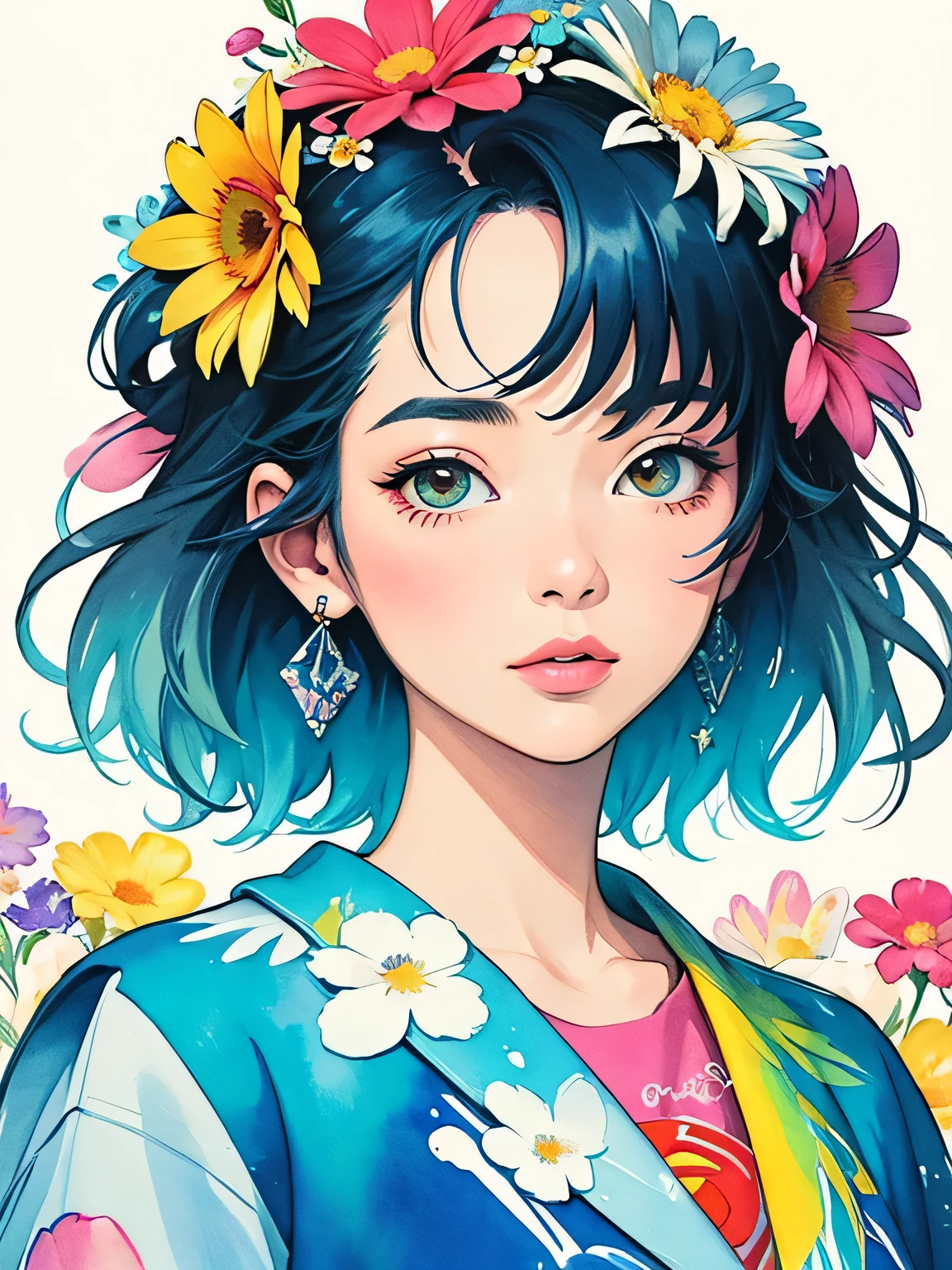 Hiromi Matsuo Style、(((stylish fashion))), 8K Quality、Intense watercolor, Detailed watercolor art, Watercolor splash, Surreal, avant-garde pop art, Beautiful and expressive paintings, Beautiful artwork illustration, Very colorful tones, wonderful, Cool beauty, highest quality、Official Art, Vector art, Stylish design, (((The most beautiful girl))), (((highest quality))), HDR, ((detailed)), (((Doodle Art)), ((masterpiece)), ((Super detailed)), (((Colorful flowers))),(((Stylish))),
