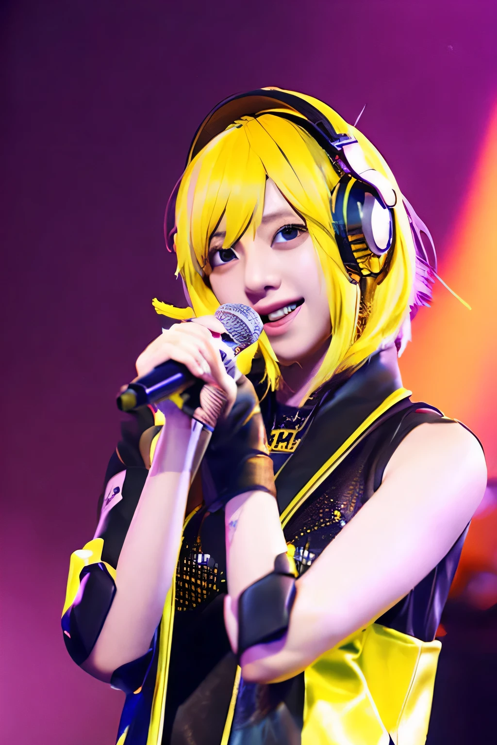 Vocaloid Ren-kun Her hair color is yellow. Singing with a microphone 18 years old boy