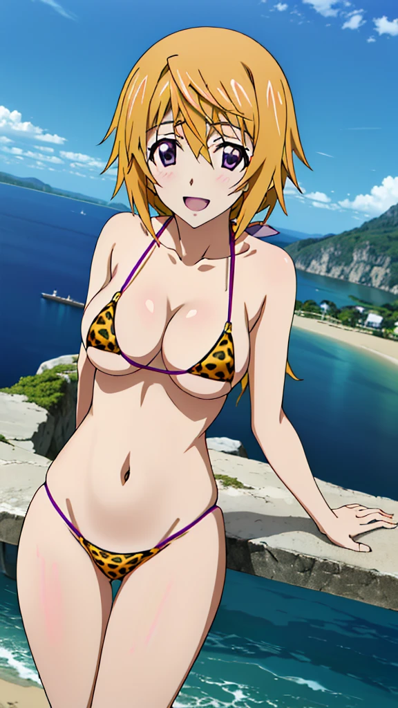 (masterpiece, 4K, highest quality, anime style: 1.9, Detailed face, Lovely, Ocean,Bold Line, High resolution, anime, Lake 4. alone, Curvaceous, Thighs, Cleavage, Center of chest, smile, Please open your mouth wide, Very slim belly, Cowboy Shot,Leopard print micro bikini,1 girl、Charlotte Dunois(infinite stratos), Long Hair, blonde, Pink hair ribbon, (Purple eyes:1.1), ponytail,