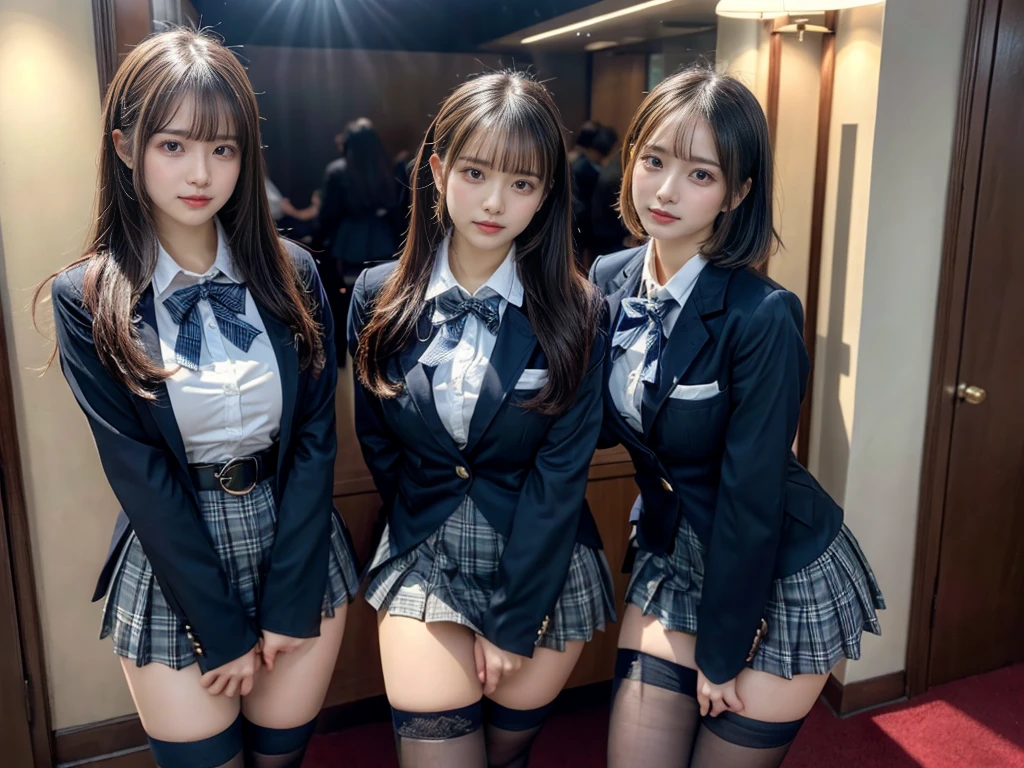 (8K, Raw photography, top-quality, masterpiece:1.2), master piece, best quality, illustration, Super detailed, fine details, High resolution, 8K,wall paper, perfect dynamic composition,(Details High quality, realistic depiction of eyes:1.3), ((2 girls, 2 schoolgirls)), The background is a luxury hotel room、High school girl uniform、blazer 、Super Short Check Uniform Skirt、Navy blue high socks、garterbelts、Colossal tits、Disturbed uniform, Play with each other,Touching each other's bodies,Touching the body of the girl next door, short bob hair, black hair color, huge breasts, Big Natural Color Lip, bold sexy pose, (perfect body shape), crying a little、cold gaze, Beautiful makeup,glitter makeup,Cutest 18 years old, beautiful legs, hposing Gravure Idol, Voluptuous thighs