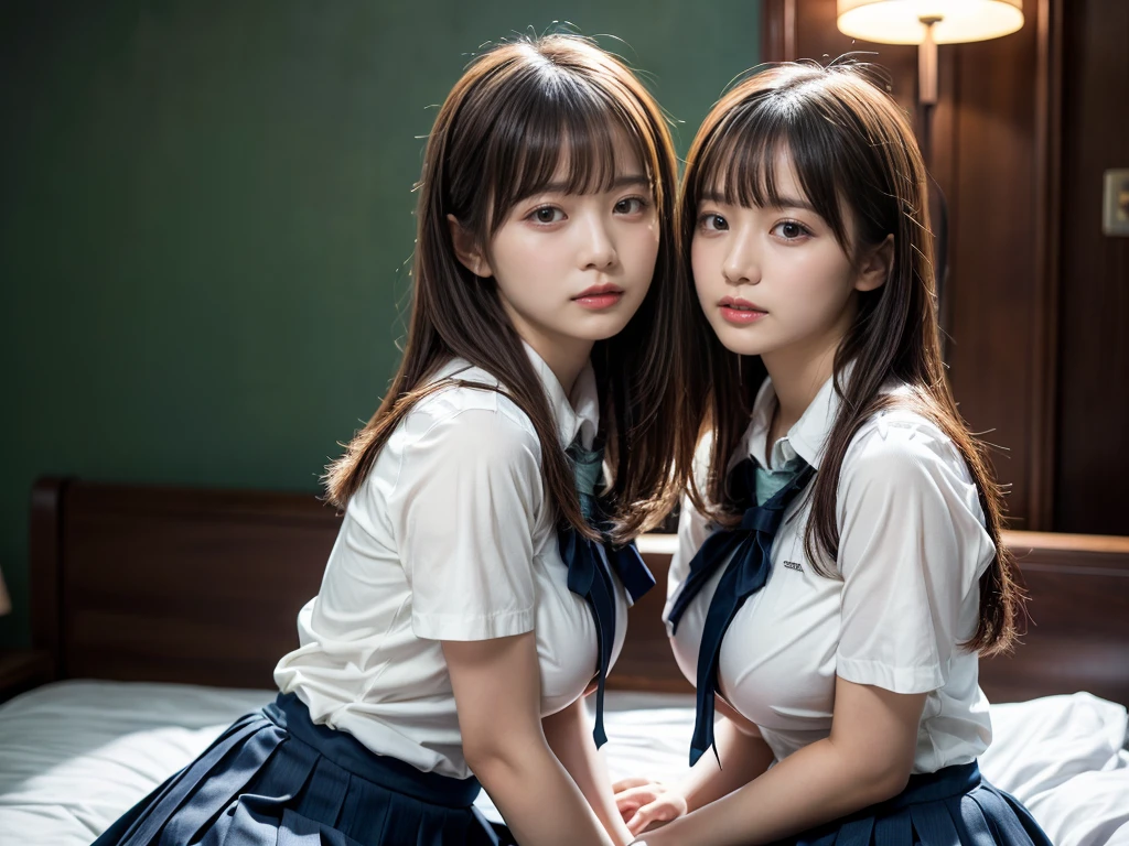 (RAW photo, 4k, masterpiece, high resolution, extremely complex) (realistic: 1.4), cinematic lighting
 ((2 girls, 2 schoolgirls)),Slam Dunk's,blushing,((innocent)),(Dark makeup),bright eyes,round eyes,blunt bangs,(straight hair:1.3),black hair,large breasts,wide hips,Summer Noon, 20 year old girl、cute type、lolita,Hot, (Best Quality), (Highres), (an Extremely Delicate and Beautiful),(Beautiful 8k face),(Brown eyes),short bob hair,( spectators),(gigantic breasts),(Play with each other,Touching each other's bodies,Touching the body),(Japanese high school uniform:1.3),blue skirt,(reality),bright lighting,(The background is a luxury hotel room)