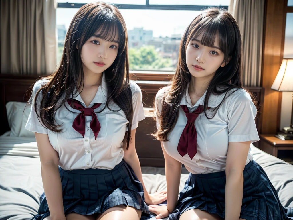 (RAW photo, 4k, masterpiece, high resolution, extremely complex) (realistic: 1.4), cinematic lighting
((2 girls, 2 schoolgirls)),Slam Dunk's,blushing,((innocent)),(Dark makeup),bright eyes,round eyes,blunt bangs,(straight hair:1.3),black hair,large breasts,wide hips,Summer Noon, 20 year old girl、cute type、ta,Hot, (Best Quality), (Highres), (an Extremely Delicate and Beautiful),(Beautiful 8k face),(Brown eyes),short bob hair,( spectators),(gigantic breasts),(Play with each other,Touching each other's bodies,Touching the body),(Japanese high school uniform:1.3),blue skirt,(reality),bright lighting,(The background is a luxury hotel room)