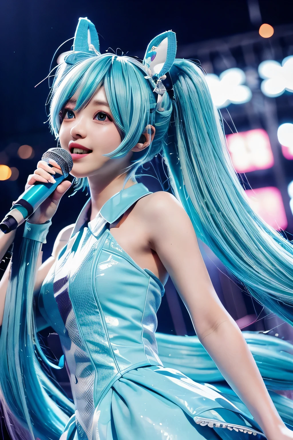 Vocaloid Hatsune Miku Hair color is light blue Singing with a microphone Wink 18 years old girl