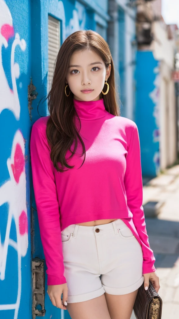 (masterpiece, highest quality, 1 girl, alone, Intricate details, chromatic aberration), Realistic, ((Medium breath)),Long Hair, Redhead, Red ornament on head, pink highlights, Amber Eyes, Earrings, Sharp eyes, necklace, Neon Shirt, Torn shorts, Unbuttoned jacket, turtleneck, night, Against the wall, Brick wall, graffiti, Dim lighting, alley, View your viewers