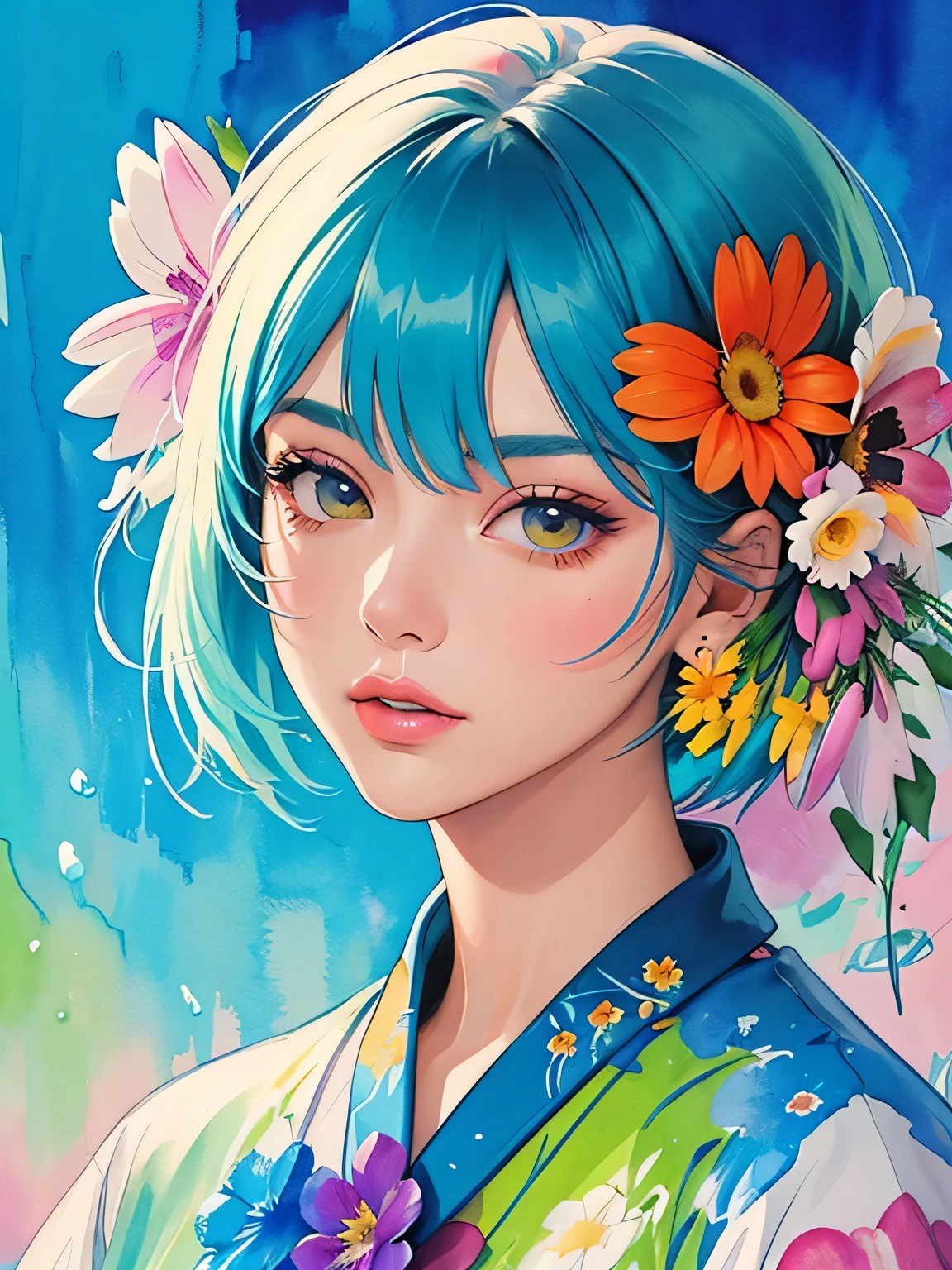 TAO Style、(((stylish fashion))), 8K Quality、Intense watercolor, Detailed watercolor art, Watercolor splash, Surreal, avant-garde pop art, Beautiful and expressive paintings, Beautiful artwork illustration, Very colorful tones, wonderful, Cool beauty, highest quality、Official Art, Vector art, Stylish design, (((The most beautiful girl))), (((highest quality))), HDR, ((detailed)), (((Doodle Art)), ((masterpiece)), ((Super detailed)), (((Colorful flowers))),(((Stylish))),