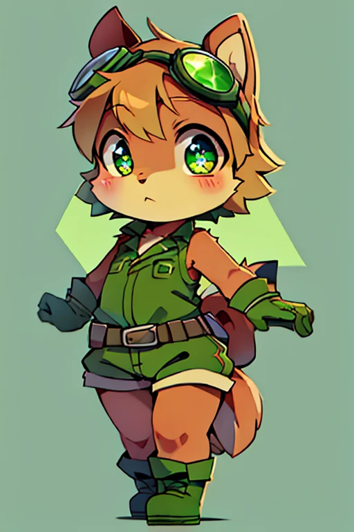 boy, squirrel, furry, bodyfur, tail, green goggles, green polo, green bloomers, green gloves, green boots, chibi, sparkling eyes