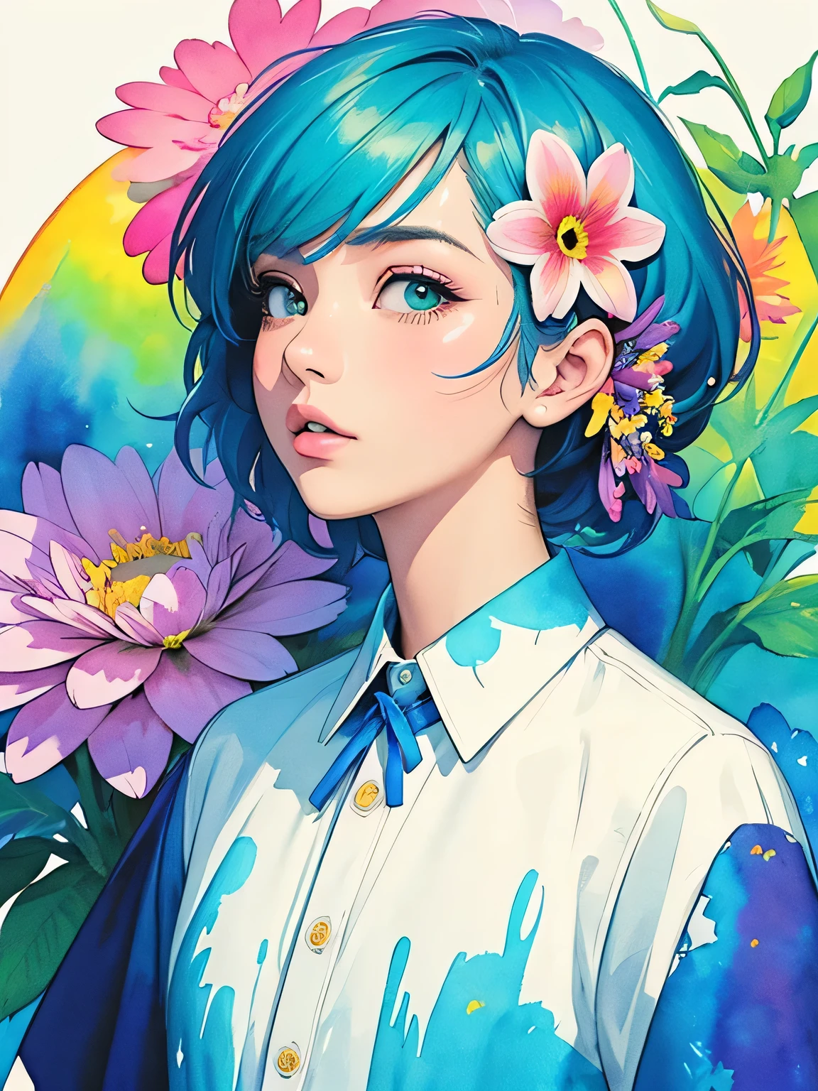 Masayo Style、(((stylish fashion))), 8K Quality、Intense watercolor, Detailed watercolor art, Watercolor splash, Surreal, avant-garde pop art, Beautiful and expressive paintings, Beautiful artwork illustration, Very colorful tones, wonderful, Cool beauty, highest quality、Official Art, Vector art, Stylish design, (((The most beautiful girl))), (((highest quality))), HDR, ((detailed)), (((Doodle Art)), ((masterpiece)), ((Super detailed)), (((Colorful flowers))),(((Stylish))),