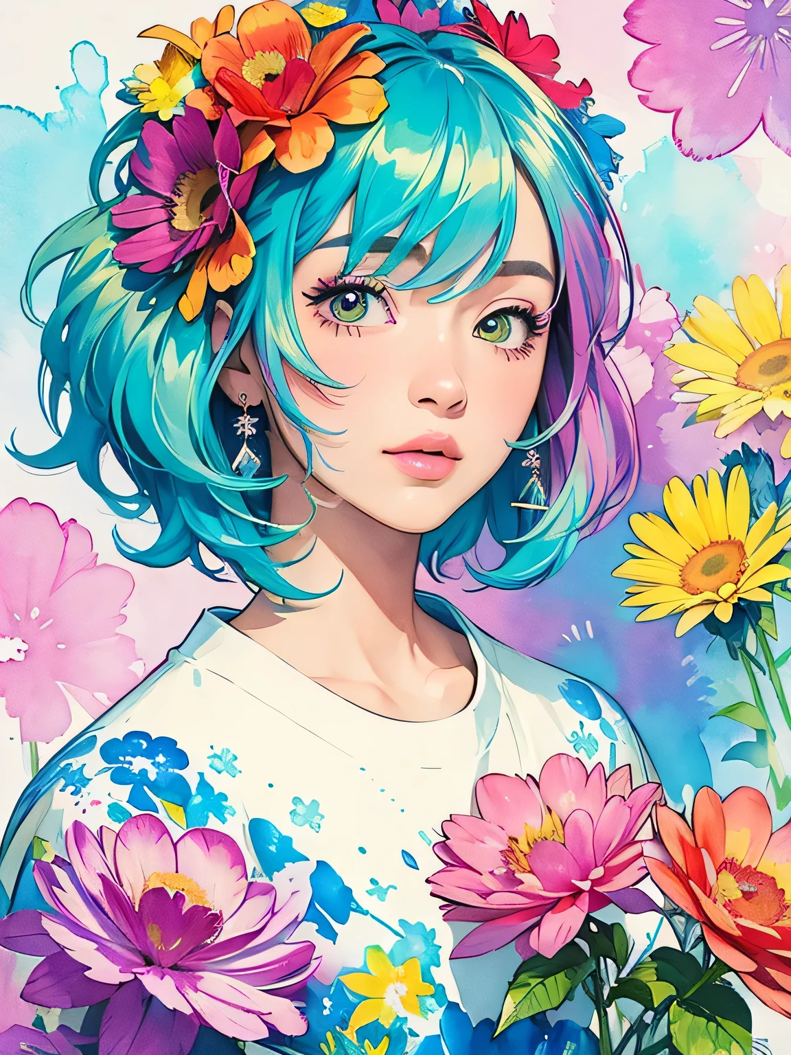 Masayo Style、(((stylish fashion))), 8K Quality、Intense watercolor, Detailed watercolor art, Watercolor splash, Surreal, avant-garde pop art, Beautiful and expressive paintings, Beautiful artwork illustration, Very colorful tones, wonderful, Cool beauty, highest quality、Official Art, Vector art, Stylish design, (((The most beautiful girl))), (((highest quality))), HDR, ((detailed)), (((Doodle Art)), ((masterpiece)), ((Super detailed)), (((Colorful flowers))),(((Stylish))),