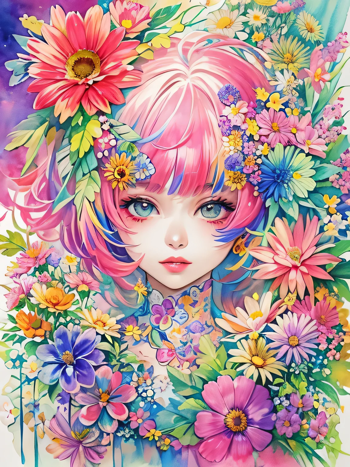 Hiromi Matsuo Style、(((stylish fashion))), 8K Quality、Intense watercolor, Detailed watercolor art, Watercolor splash, Surreal, avant-garde pop art, Beautiful and expressive paintings, Beautiful artwork illustration, Very colorful tones, wonderful, Cool beauty, highest quality、Official Art, Vector art, Stylish design, (((The most beautiful girl))), (((highest quality))), HDR, ((detailed)), (((Doodle Art)), ((masterpiece)), ((Super detailed)), (((Colorful flowers))),(((Stylish))),