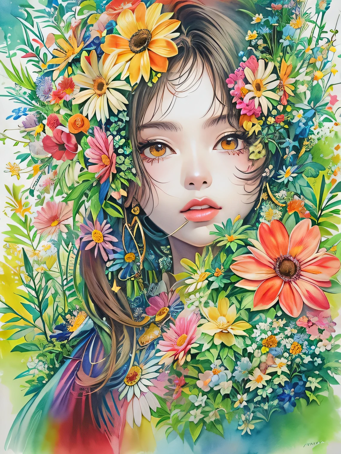 Hiromi Matsuo Style、(((stylish fashion))), 8K Quality、Intense watercolor, Detailed watercolor art, Watercolor splash, Surreal, avant-garde pop art, Beautiful and expressive paintings, Beautiful artwork illustration, Very colorful tones, wonderful, Cool beauty, highest quality、Official Art, Vector art, Stylish design, (((The most beautiful girl))), (((highest quality))), HDR, ((detailed)), (((Doodle Art)), ((masterpiece)), ((Super detailed)), (((Colorful flowers))),(((Stylish))),