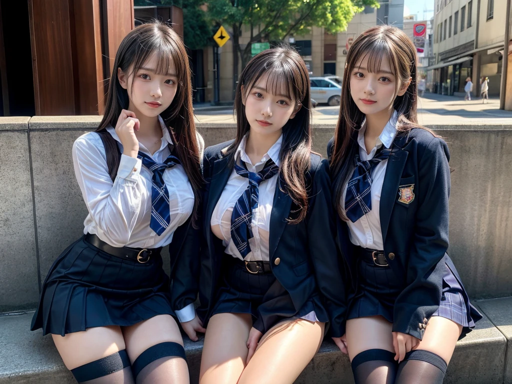 (8K, Raw photography, top-quality, ​masterpiece:1.2), master piece, best quality, illustration, Super detailed, fine details, High resolution, 8K,wall paper, perfect dynamic composition,(Details High quality, realistic depiction of eyes:1.3), ((2 girls, 2 schoolgirls)), The background is a luxury hotel room、High school girl uniform、blazer 、Super Short Check Uniform Skirt、Navy blue high socks、garterbelts、Colossal tits、Disturbed uniform, Play with each other,Touching each other's bodies,Touching the body of the girl next door, short bob hair, black hair color, huge breasts, Big Natural Color Lip, bold sexy pose, (perfect body shape), crying a little、cold gaze,  Beautiful makeup,glitter makeup,Cutest 18 years old, beautiful legs, hposing Gravure Idol, Voluptuous thighs