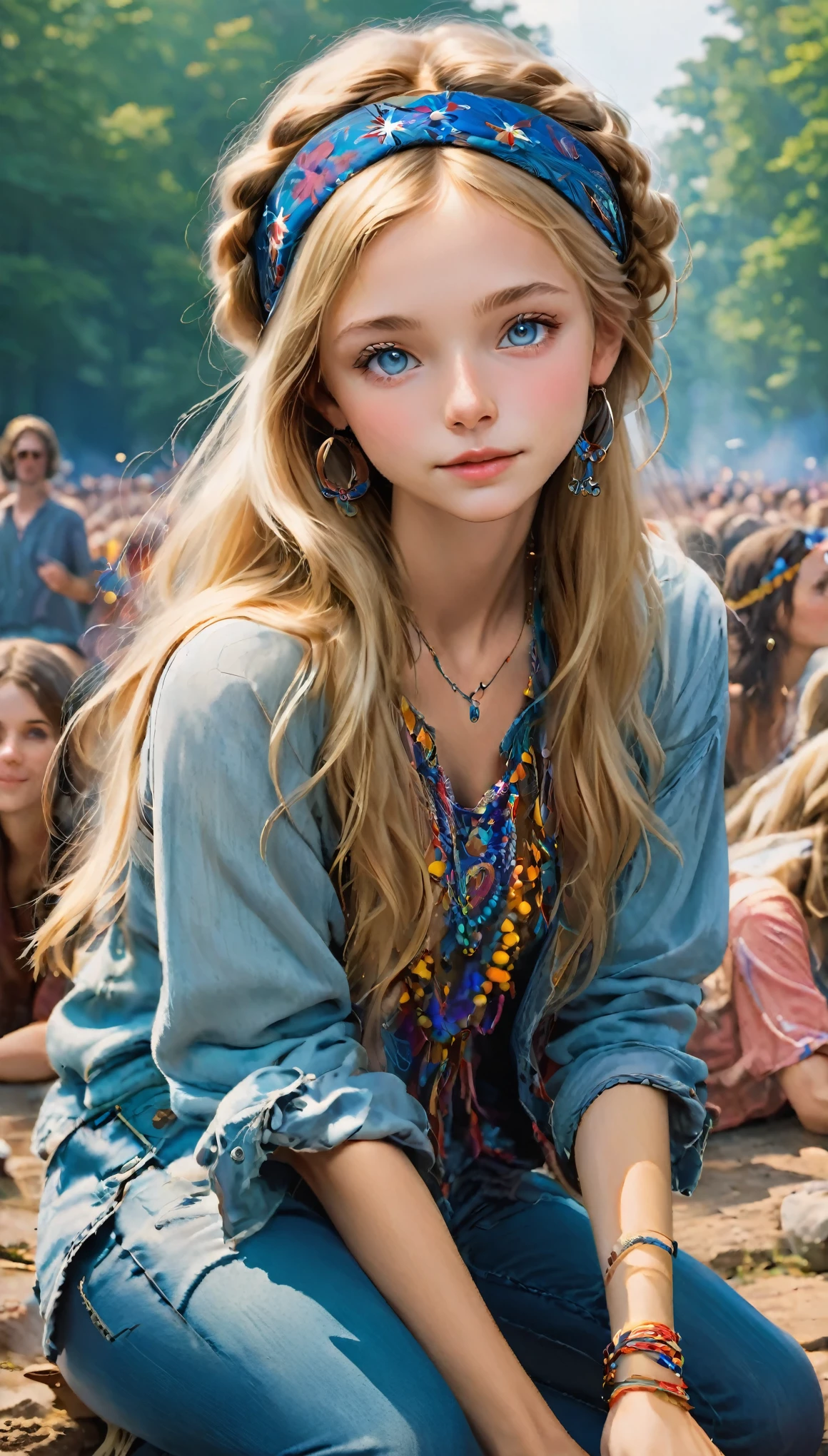 Imagine a beautiful 18-year-old American hippie girl at the Woodstock concert in 1969, Wearing a hip headband、Long, wavy, messy blonde hair , Blue-gray eyes, Ultra-realistic eyes, White skin, Natural Makeup, Wear hippie clothes, Summer Dresses, Hippie jacket made from worn jeans, Psychedelic Jewelry, Hippie Earrings, hip necklace, Highly detailed face, Ultra-Realistic Skin, Runner's Body, small and taut breasts, 8k, Ultra-high resolution.Realistic, UHD close-up shot, Staring at the audience, Look away, Stone-covered face, relax, (Peace and love, Woodstock 1969 vibe, Outdoor rock concert in the background:1.3), RAW Photos, sharp