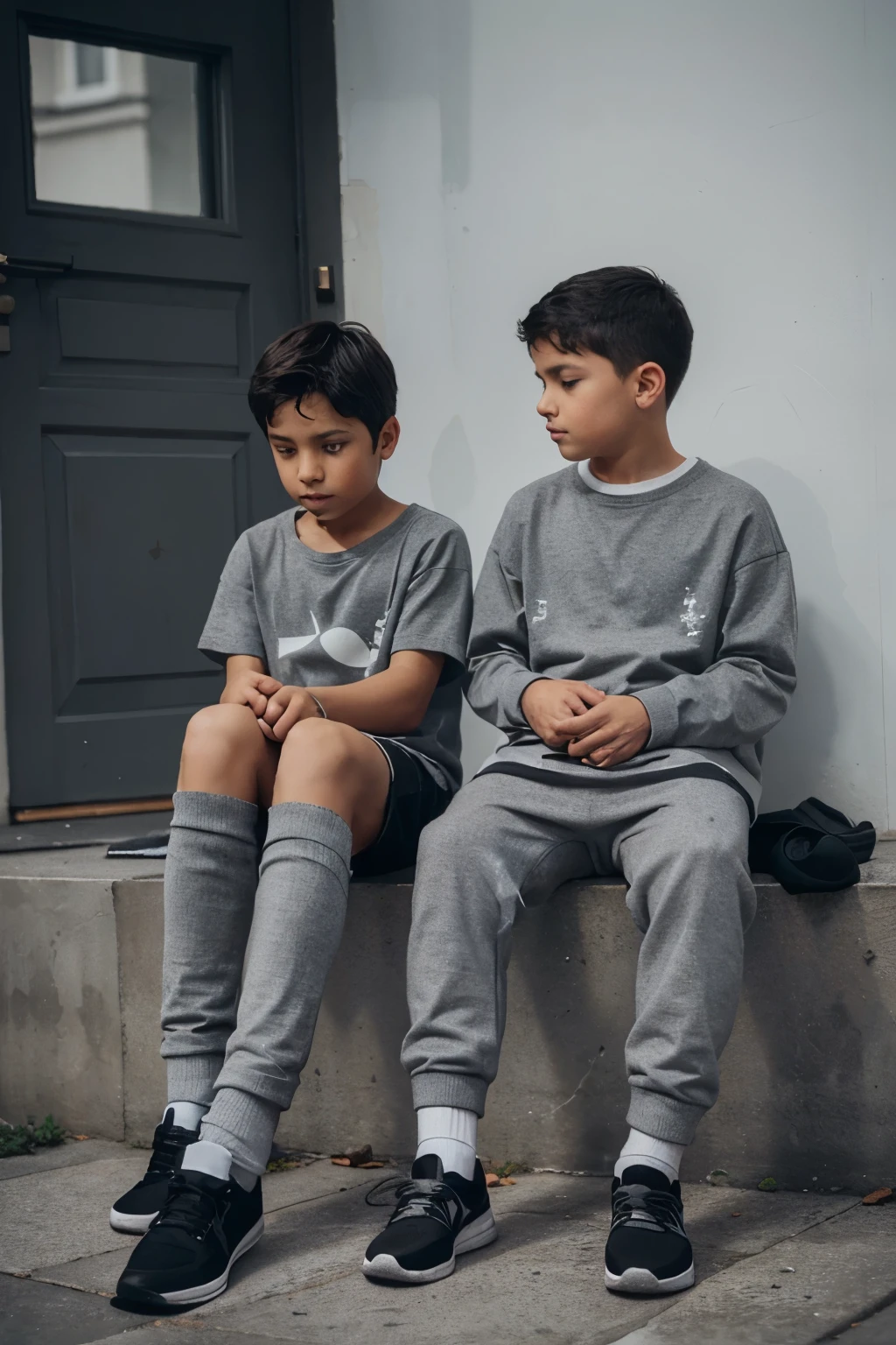 boys wearing grey and jerkin with grey socks and black shoes