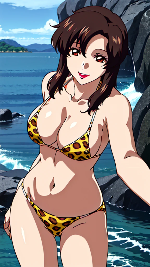 (masterpiece, 4K, highest quality, anime style: 1.9, Detailed face, Lovely, Ocean,Bold line, High resolution, anime, Lake 4. alone, Curvaceous, Thighs, Cleavage, Mid-chest, smile, Please open your mouth wide, Very slim belly, Cowboy Shot, Leopard print bikini,1 girl、前hair, Brown_hair, Red eyes, lipstick、Mariuramias