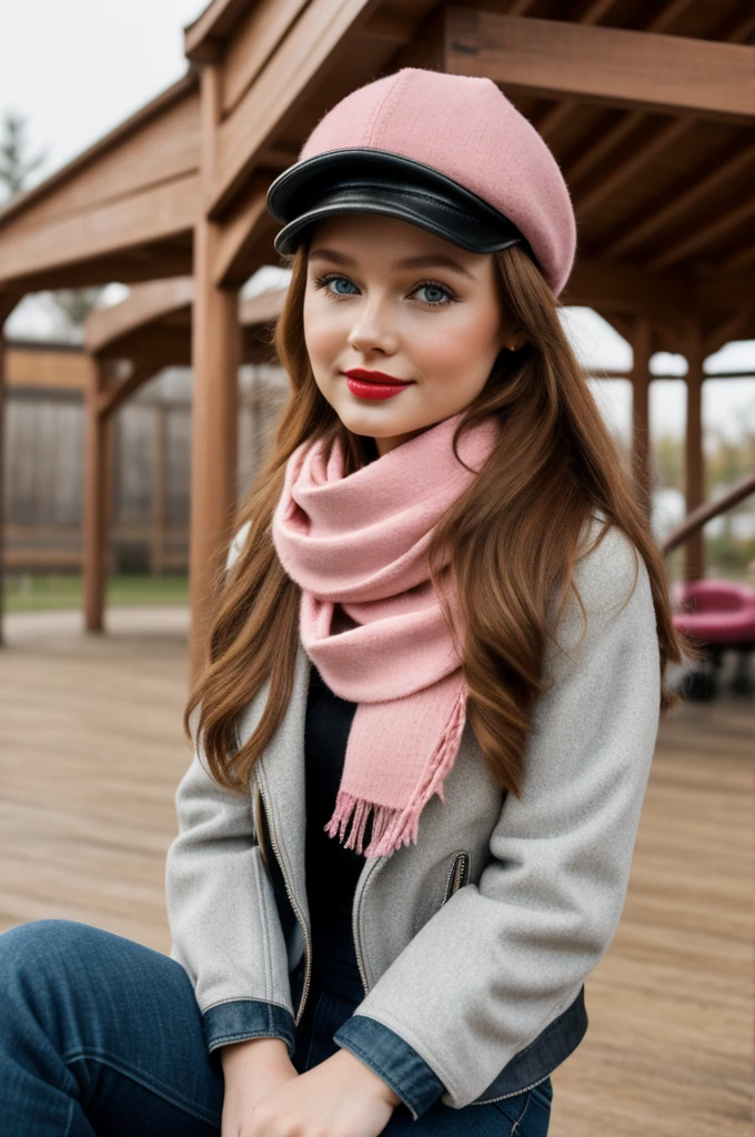 Photorealistic, best quality, hyper detailed, full-body picture. Gorgeous, pretty, warm-hearted, kind-hearted, good-hearted, stunning, cheerful, sweet, polite, sensitive, sensible, shiny, charming, alluring, dreamy, graceful, classy, stylish, flowing quite long ginger haired russian woman with the cutest face, fair porcelain skin, soft make-up, red lipstick, she is wearing a leather jacket, riding boots, a black newsboy cap and a pink scarf. She's at playground with a little cute girl who is 4 years old, enjoying time with her niece.