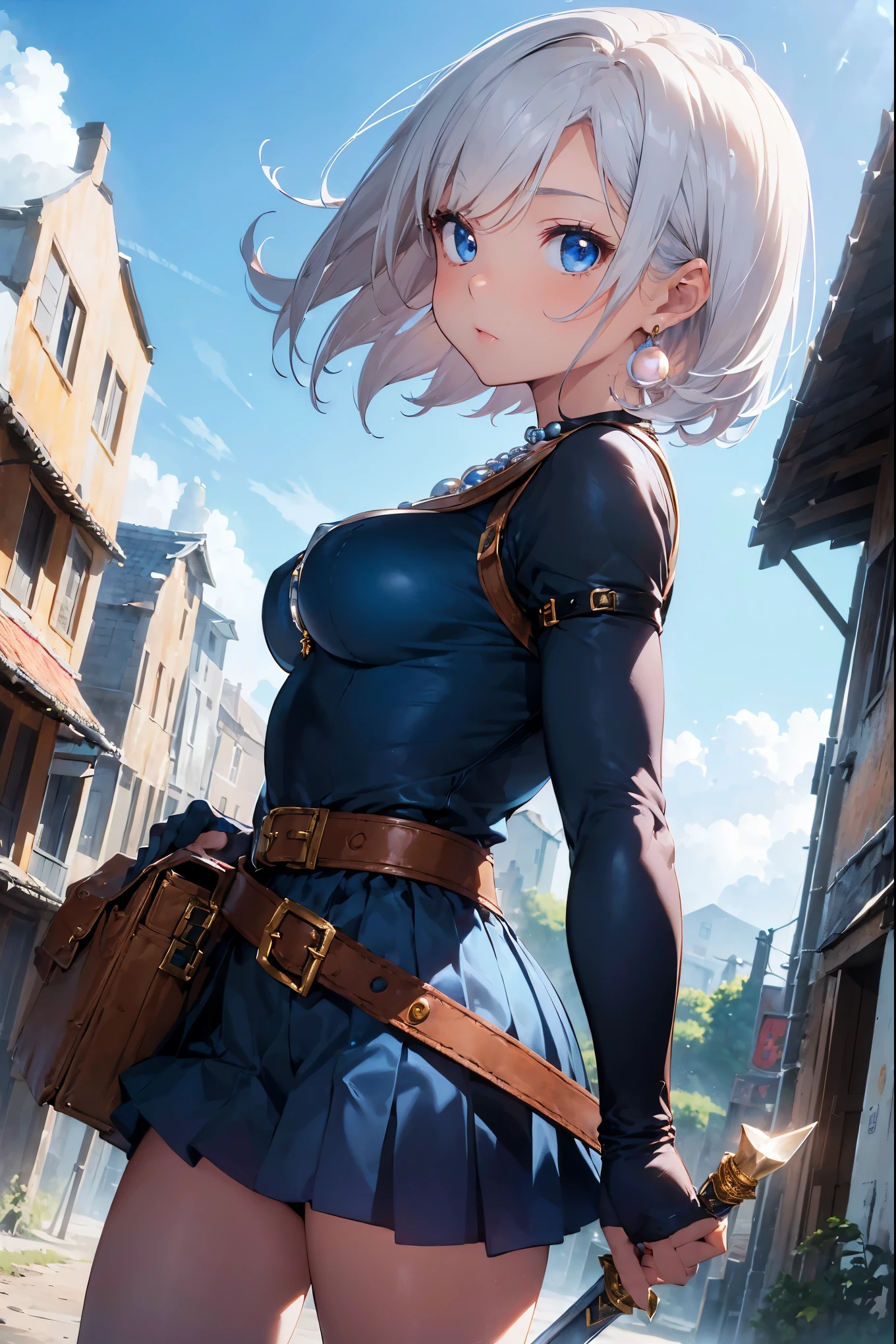 (masterpiece, best quality:1.1), thief (dq3), 1girl, solo, short hair, white hair, blue eyes, medium breasts, pink gloves, jewelry, pearl necklace, earrings, belt, sword, yellow breastplate, black bodysuit, bag, (coin, sword on hip:1.2), (dutch angle, dynamic pose, from side:1.3), (blue skies, nature:1.2)