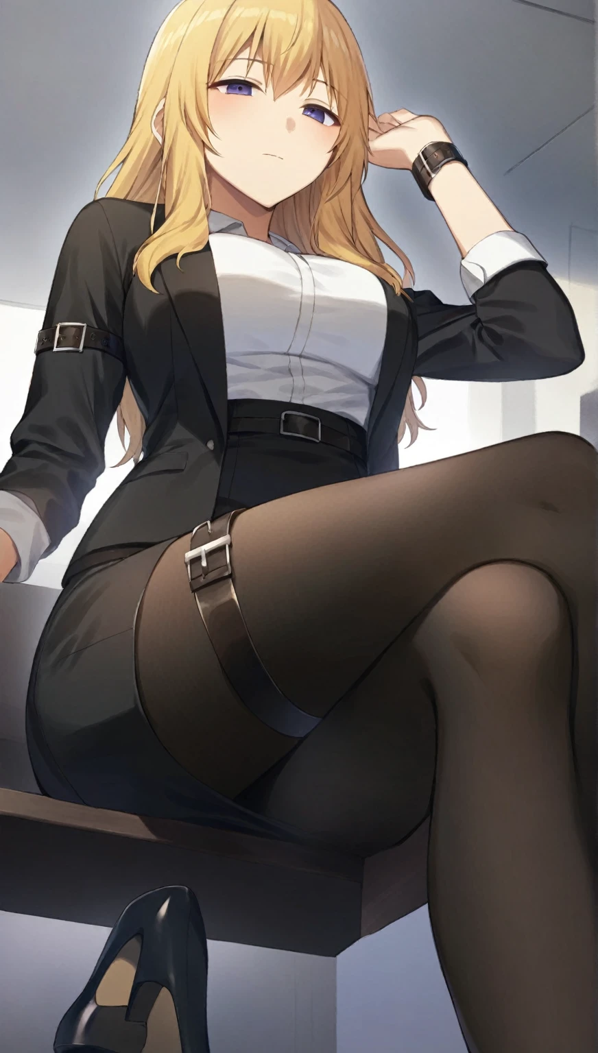 masterpiece, best quality, artist:fukuro_(maruaru00), 1girl, solo, marisa kirisame, blonde hair, empty look, white shirt, black blazer, black skirt, business outfit, large breasts, black pantyhose, high heels, pencil skirt, leg belt, arm belt, sitting with crossed legs, from below