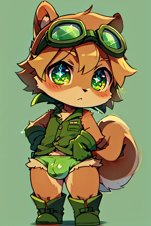 boy, squirrel, furry, bodyfur, tail, green goggles, green polo, green bloomers, bulge, green gloves, green boots, chibi, sparkling eyes