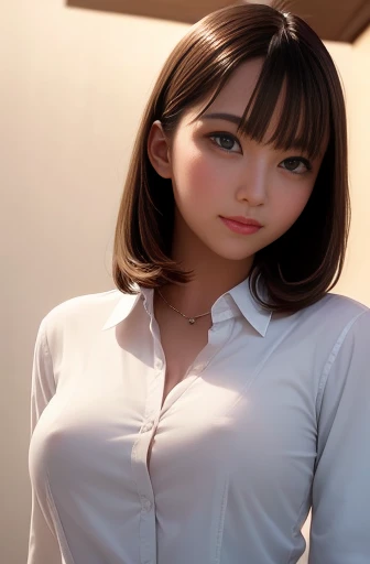 highest quality, masterpiece, (Realistic:1.4), One girl, A light smile, Collared shirt, Upper Body, Dramatic lighting, From below,Raised nipples,