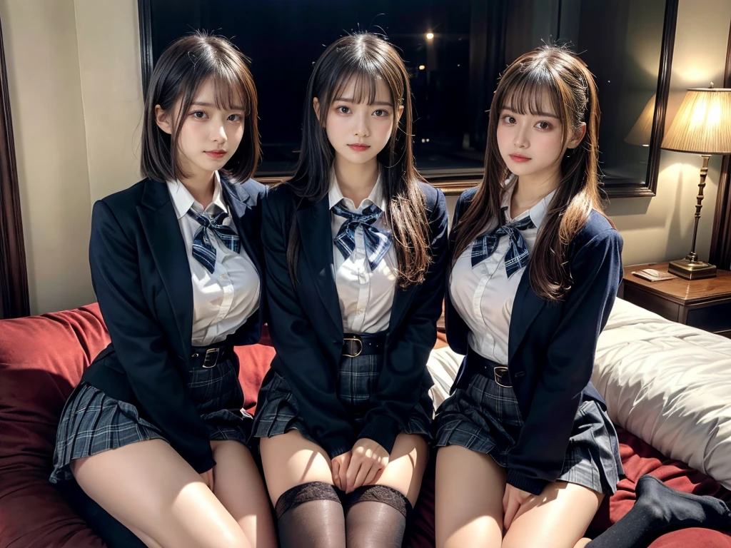 (8K, Raw photography, top-quality, ​masterpiece:1.2), master piece, best quality, illustration, Super detailed, fine details, High resolution, 8K,wall paper, perfect dynamic composition,(Details High quality, realistic depiction of eyes:1.3), ((2 girls, 2 schoolgirls)), The background is a luxury hotel room、High school girl uniform、blazer 、Super Short Check Uniform Skirt、Navy blue high socks、garterbelts、Colossal tits、Disturbed uniform, Play with each other,Touching each other's bodies,Touching the body of the girl next door, short bob hair, black hair color, huge breasts, Big Natural Color Lip, bold sexy pose, (perfect body shape), crying a little、cold gaze,  Beautiful makeup,glitter makeup,Cutest 18 years old, beautiful legs, hposing Gravure Idol, Voluptuous thighs
