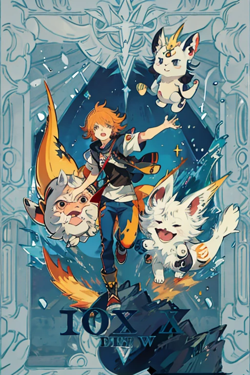 (enfoque lateral), en un prado, soleado, todos los protagonistas de Digimon, corriendo horizontalmente con otros digimon evolucinados, Tai, Sora, Yamato, kOSHIRO, mIMI, tAKERU, KARI, Joe, agumon, gabumon, biyomon, palmon, gomamon, tentomon, tailmon, patamon