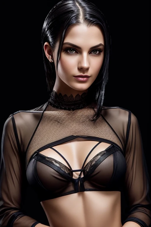 Gorgeous european steampunk woman with short straight neck length hair, wet hair, hair slicked back, slick hair, black hair, in a sheer net transparent top, solid black background