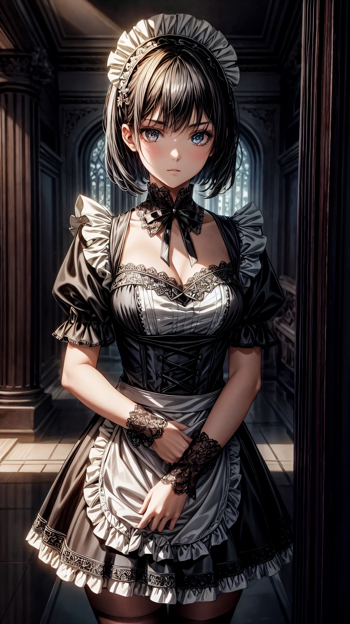 The scene features a as the protagonist, shrouded in gothic halo, Standing majestically in front of the viewer. ((Her black hair, bob style cut)), Freeze her pale face, And her dark brown eyes sparkled with mystery. she is dressed all ((Maid):1.3), This choice magnified her slender and gloomy figure, Highlight her unique existence. Her posture is firm, Convey unwavering determination, As if challenging fate itself. ((full_Body):1.5)
Soft light highlights the details of her appearance, Reveal every shadow and contour. Every line is very sharp, Every fold is captured in surreal detail. She is positioned in full Body, anime style,Adding a layer of artistic expression to her image. Every feature on the face is precisely outlined, Convey subtle and complex emotions,Inviting viewers to delve deeper into her story.
Unreal Engine 5’s advanced technology brings scenes to life, Provides unparalleled immersion. Every texture is rich in detail, Every shadow and reflection creates an immersive atmosphere. Unparalleled visual quality, 16K resolution takes photorealism to the next level. Every pixel is full of intensity, Capturing the essence of the dark glory of young gothic girls.
Her energetic and confident posture conveys a sense of power and mystery, as she stares piercingly at the audience. Her hands are perfectly displayed, Her fingers are carefully sculpted,Demonstrate impeccable technical skills. She is a digital masterpiece, The fusion of beauty and darkness is mesmerizing.
In this superb performance, This 16-year-old gothic girl is the epitome of individuality and authenticity. Her presence fills the entire screen with captivating energy, Inviting viewers to get lost in her world of mystery and intrigue.