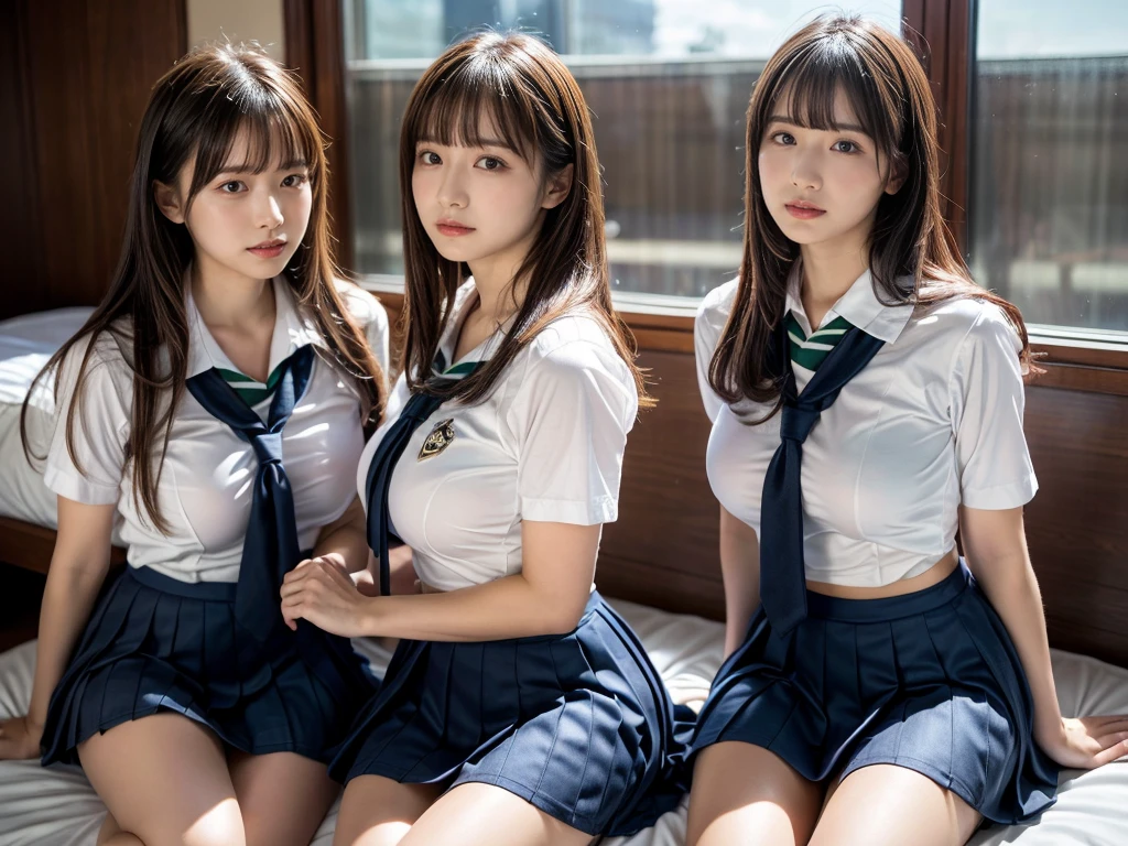 (RAW photo, 4k, masterpiece, high resolution, extremely complex) (realistic: 1.4), cinematic lighting
 ((2 girls, 2 schoolgirls)),Slam Dunk's,blushing,((innocent)),(Dark makeup),bright eyes,round eyes,blunt bangs,(straight hair:1.3),black hair,large breasts,wide hips,Summer Noon, 20 year old girl、cute type、lolita,Hot, (Best Quality), (Highres), (an Extremely Delicate and Beautiful),(Beautiful 8k face),(Brown eyes),short bob hair,( spectators),(gigantic breasts),(Play with each other,Touching each other's bodies,Touching the body),(Japanese high school uniform:1.3),blue skirt,(reality),bright lighting,(The background is a luxury hotel room)