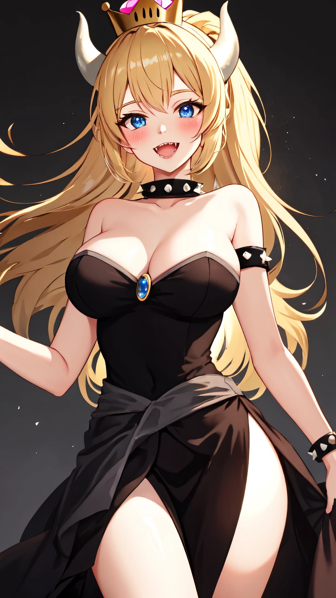 lumen reflections, natural lighting, evocative, triadic color scheme, cowboy shot, elegant, voluptuous:0.6, looking at viewer, 1girl, female, solo, blush, open mouth, smile, teeth, sfw, bowsette, blonde hair, ponytail, blue eyes, fangs, dress, black dress