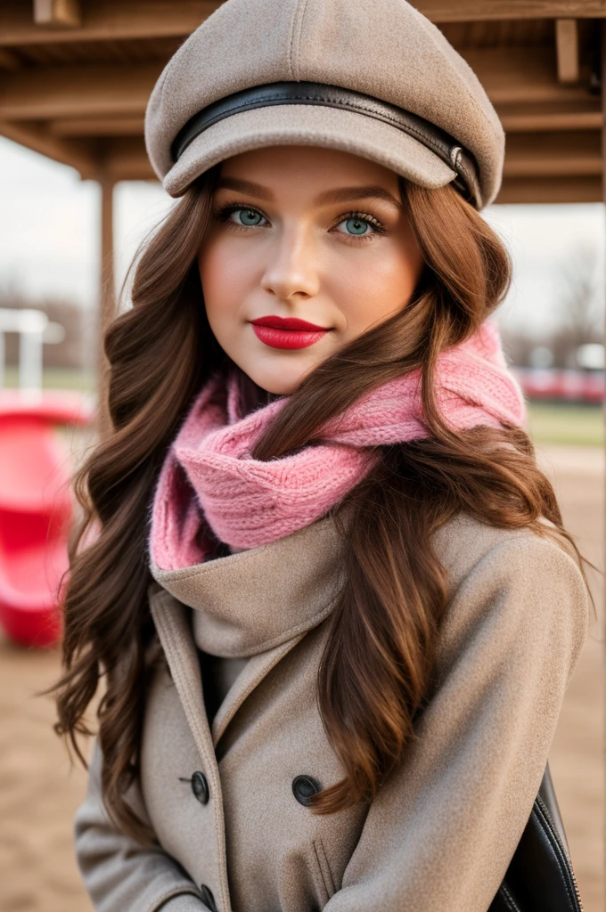 Photorealistic, best quality, hyper detailed, full-body picture. Gorgeous, pretty, warm-hearted, kind-hearted, good-hearted, stunning, cheerful, sweet, polite, sensitive, sensible, shiny, charming, alluring, dreamy, graceful, classy, stylish, flowing quite long ginger haired russian woman with the cutest face, fair porcelain skin, soft make-up, red lipstick, she is wearing a leather jacket, riding boots, a black newsboy cap and a pink scarf. She's at playground with a cute girl who is 4 years ying time with her niece.