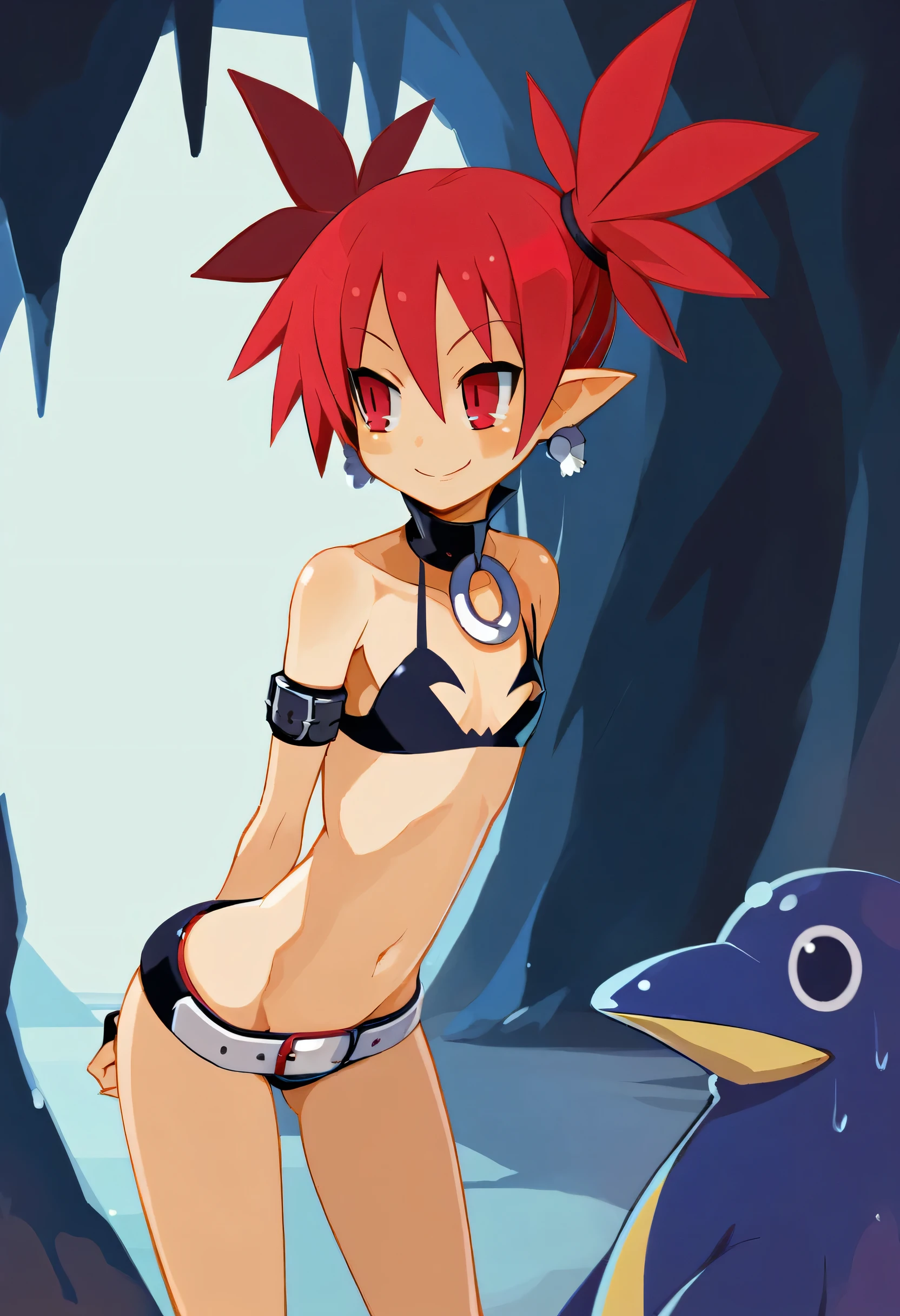 score_9,source_anime,1girl,etna \(disgaea\),red eyes,standing,leaning forward,evil smile,upper body,black bikini,arms behind back,cave,arched back,etna (disgaea),