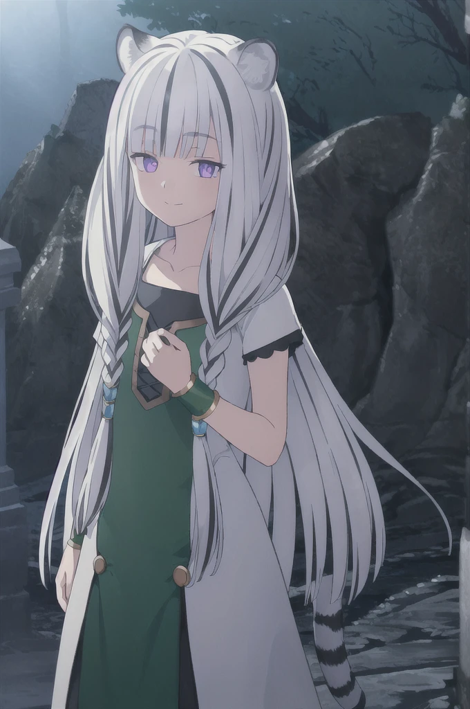 ((masterpiece)), (best quality), (ultra-detailed), photorealistic, (best illustration), ((an extremely delicate and beautiful)), 1girl, solo, long hair, tiger ears, [:tiger tail under:0.2], white hair, two-tone hair, feet out of frame, white dress, (green dress:1), multicolored dress, cross-laced, standing, evil purple eyes, black skirt, short sleeves, detailed scenery, dark Temple background, low twin braids, twin braids, hair ornament, bracelet, (hand on own chest:0.9), looking at viewer, glowing in darkness eyes, malicious smile. 