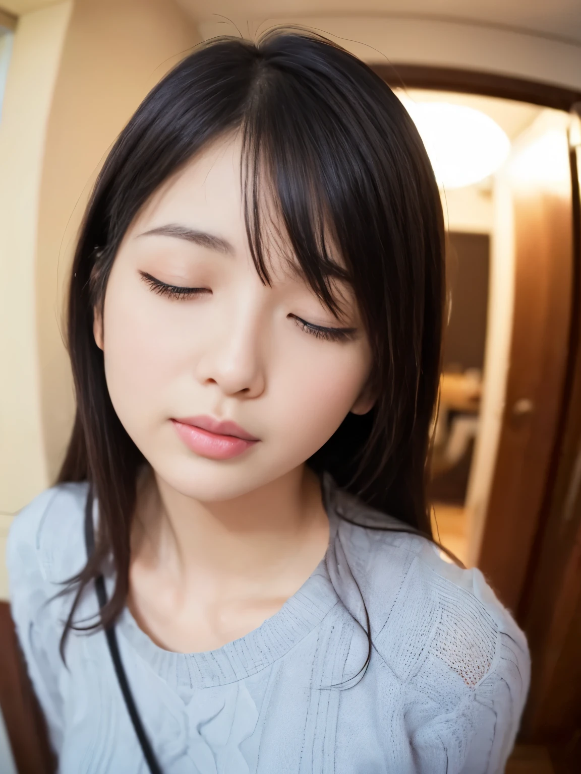 A beautiful Japanese woman in her 40s standing in the front door of her modern home, The robot leans forward slightly, raises its head, closes its eyes, and purses its lips, preparing to kiss the viewer., {summer knit, aprons:1.4), Realistic, Realistic, Realistic body shape, Gentle eyes, High nose, Thick lips, detailed face, Very detailed, highest quality, 8k, Sharp focus, High resolution, Ideal ratio, Gentle eyes, High nose, Thick lips, night, half body shot, front view