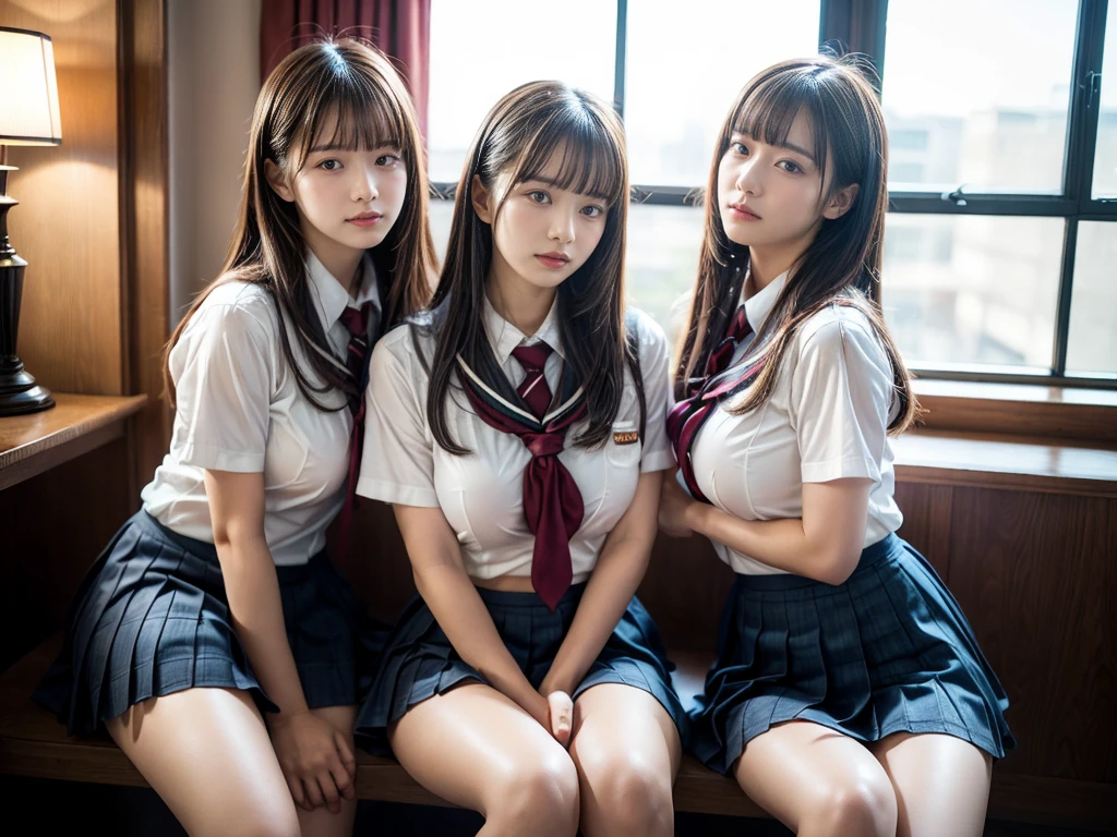 (RAW photo, 4k, masterpiece, high resolution, extremely complex) (realistic: 1.4), cinematic lighting
 ((2 girls, 2 schoolgirls)),Slam Dunk's,blushing,((innocent)),(Dark makeup),bright eyes,round eyes,blunt bangs,(straight hair:1.3),black hair,large breasts,wide hips,Summer Noon, 20 year old girl、cute type、lolita,Hot, (Best Quality), (Highres), (an Extremely Delicate and Beautiful),(Beautiful 8k face),(Brown eyes),short bob hair,( spectators),(gigantic breasts),(Play with each other,Touching each other's bodies,Touching the body),(Japanese high school uniform:1.3),blue skirt,(reality),bright lighting,(The background is a luxury hotel room)