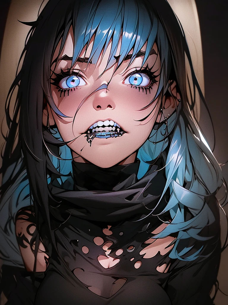 a black and white drawing of a girl with blue hair, scary detailed art in color, ripped clothing, buck teeth, kawaii colors, tattered ragged gothic dress, vomit, wearing a black!! t - shirt, techno, ager girl, full art, opened mouth, cut