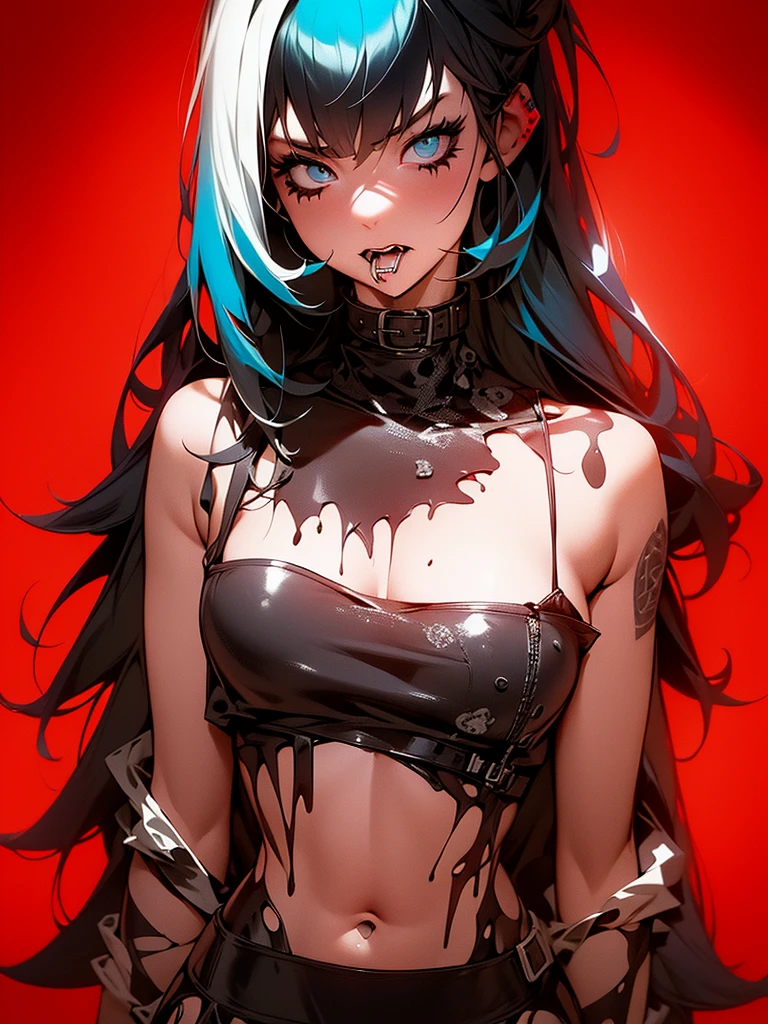 a black and white drawing of a girl with blue hair, scary detailed art in color, ripped clothing, buck teeth, kawaii colors, tattered ragged gothic dress, vomit, wearing a black!! t - shirt, techno, ager girl, full art, opened mouth, cut