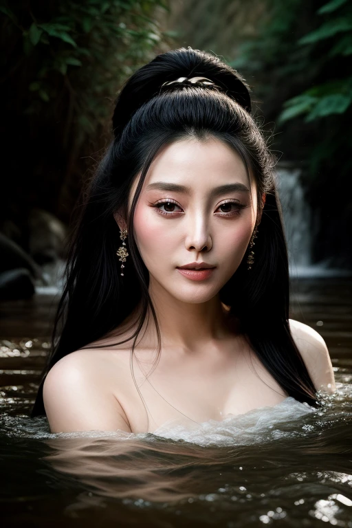 close up portrait of a  Chinese actress Fan Bingbing with long black hair bathing in a river, reedacklighting), realistic, masterpiece, highest quality, lens flare, shade, bloom, [[chromatic aberration]], by Jeremy Lipking, by Antonio J. Manzanedo, digital painting,