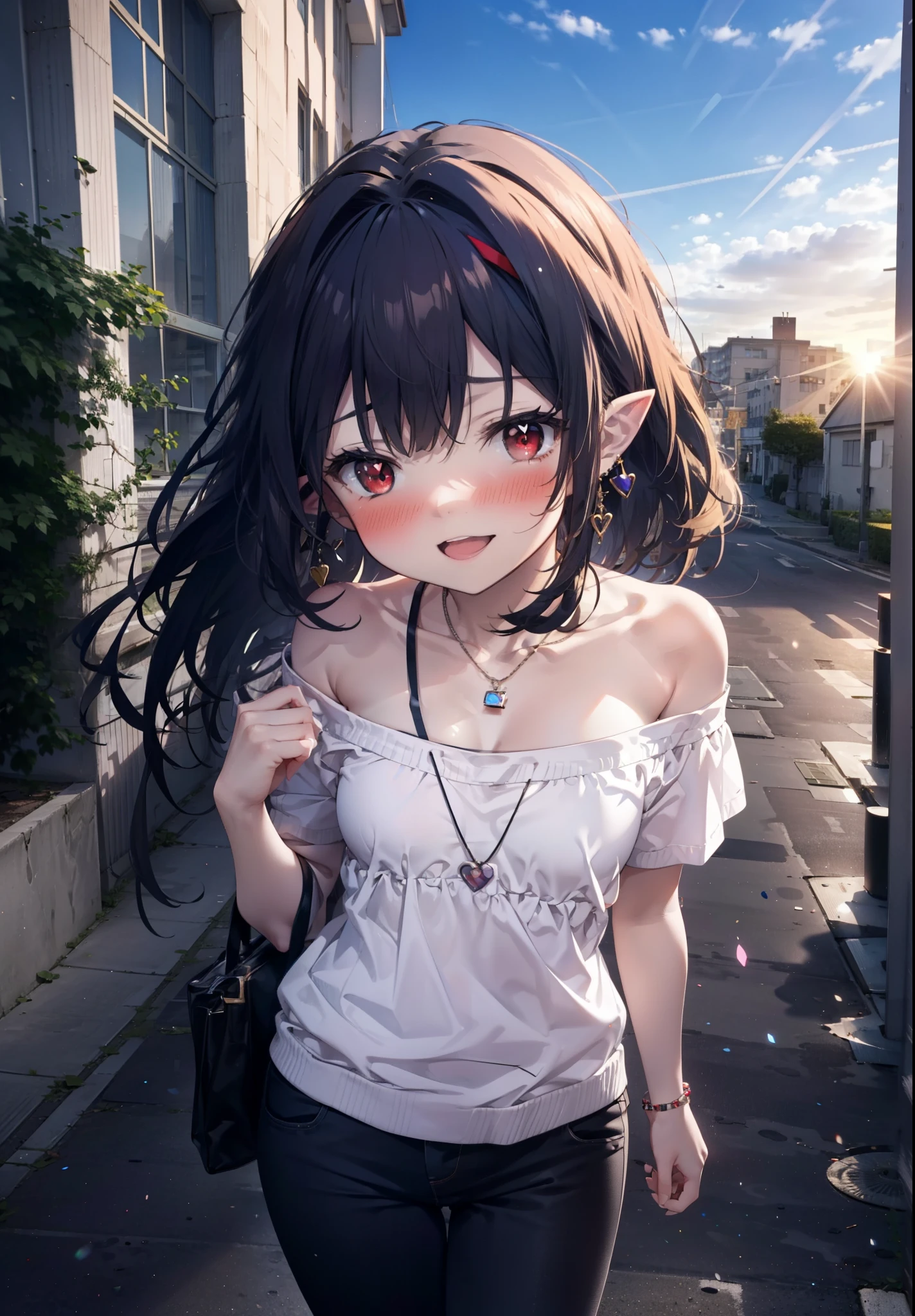 yuukikonno, Yuki Konno, hair band, Long Hair, Pointy Ears, Purple Hair, (Red eyes:1.5), (Small breasts:1.2), blush,happy smile, smile, Open your mouth,Purple cold off-the-shoulder,tops,Short sleeve,skinny pants,piece,Heart-shaped necklace,Sunset,evening,The sun is setting,whole bodyがイラストに入るように,Looking down from above,
break looking at viewer, whole body,
break outdoors, School,courtyard,
break (masterpiece:1.2), highest quality, High resolution, unity 8k wallpaper, (shape:0.8), (Fine and beautiful eyes:1.6), Highly detailed face, Perfect lighting, Highly detailed CG, (Perfect hands, Perfect Anatomy),