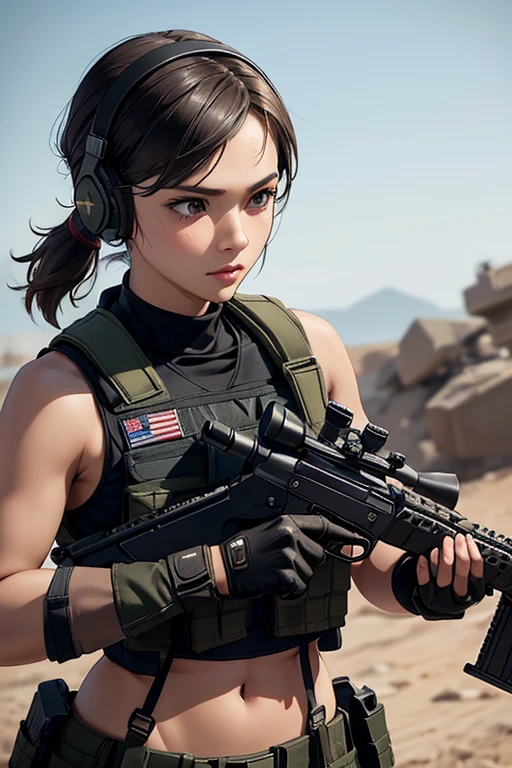 a woman in a black outfit holding a rifle and wearing headphones, 24-year-old woman, Filipino woman, tan bronze skin, soldier girl, mechanized soldier girl, military girl, beautiful female soldier, female lead character, infantry girl, of a sniper girl in war, solo female character, future combat gear, close up half body shot, Women in crop top military bulletproof vest, showing navel, quiet from metal gear solid v, wearing tactical gear, dressed in tactical armor