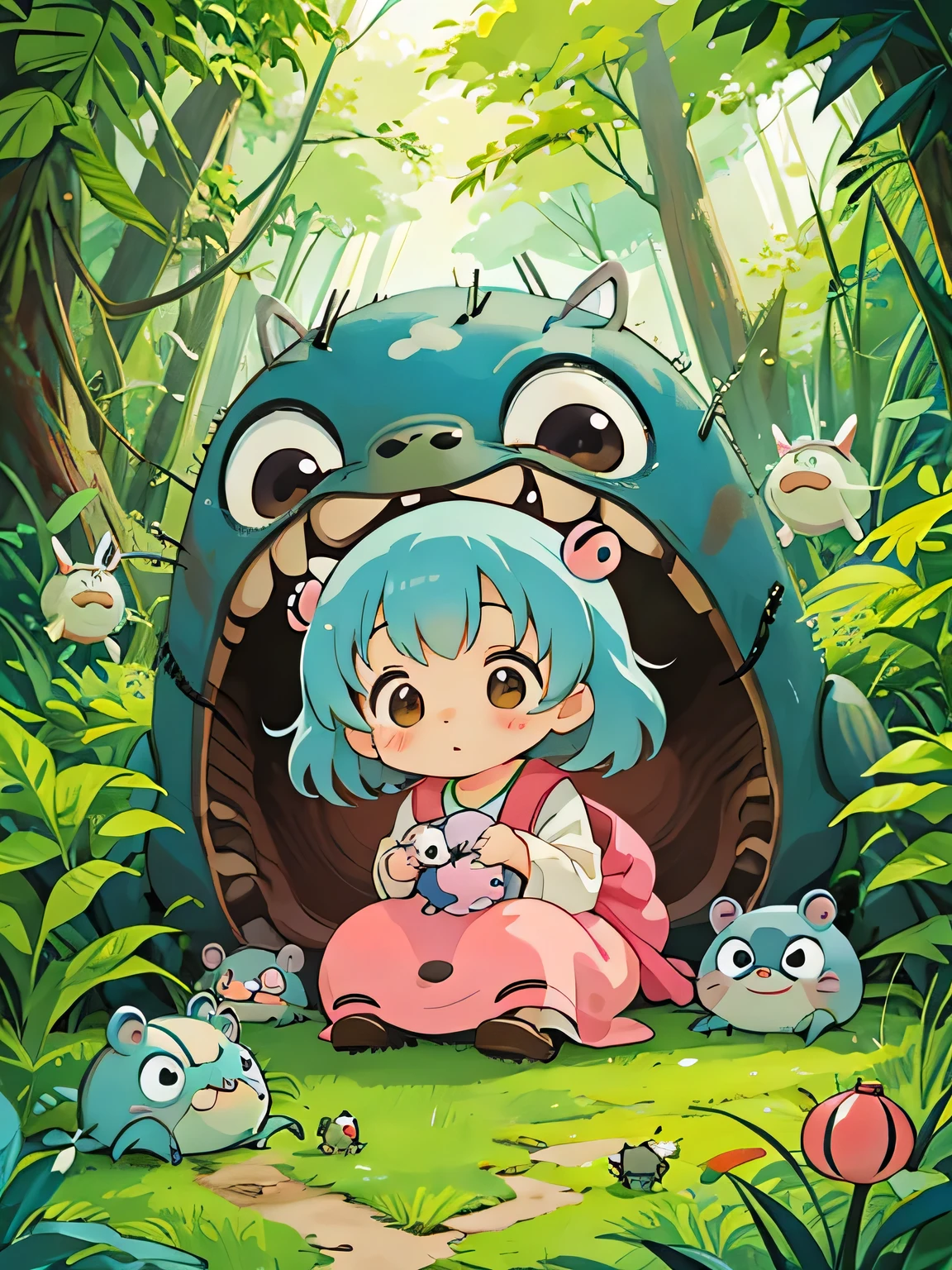 hayao miyazaki style, Kawaii Design, The most beautiful girl of all time、Chibi, Cute and colorful pillbugs、play together、Lots of pillbugs、Totoro Forest