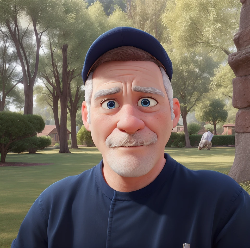 ((best quality)), ((work of art)), (detailed), perfect face, olderman,50 years,short beard,no hair, bald,small, short beard, soft blue eyes  smooth wrinkles on the face,eyes closing slowly, hair,wearing a cap, mechanic uniform, white dress shirt, jeans
 
