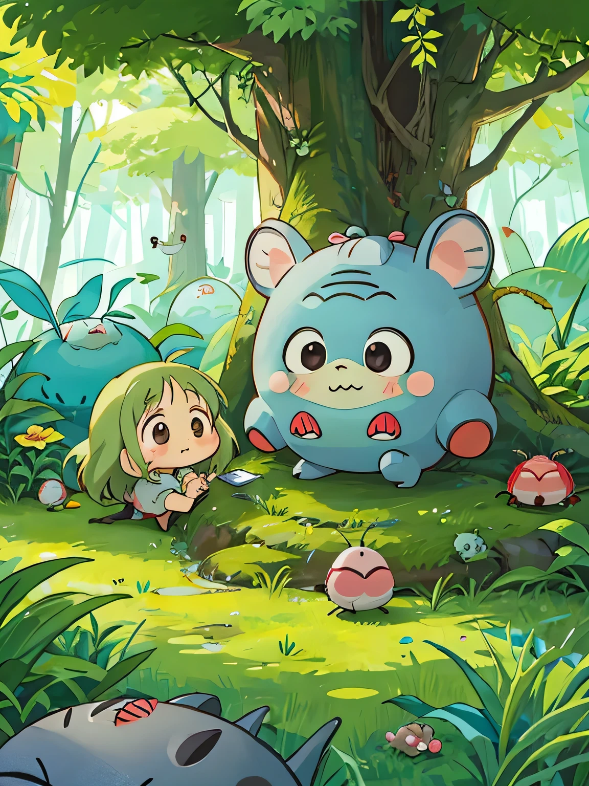 hayao miyazaki style, Kawaii Design, The most beautiful girl of all time、Chibi, Cute and colorful pillbugs、play together、Lots of pillbugs、Totoro Forest
