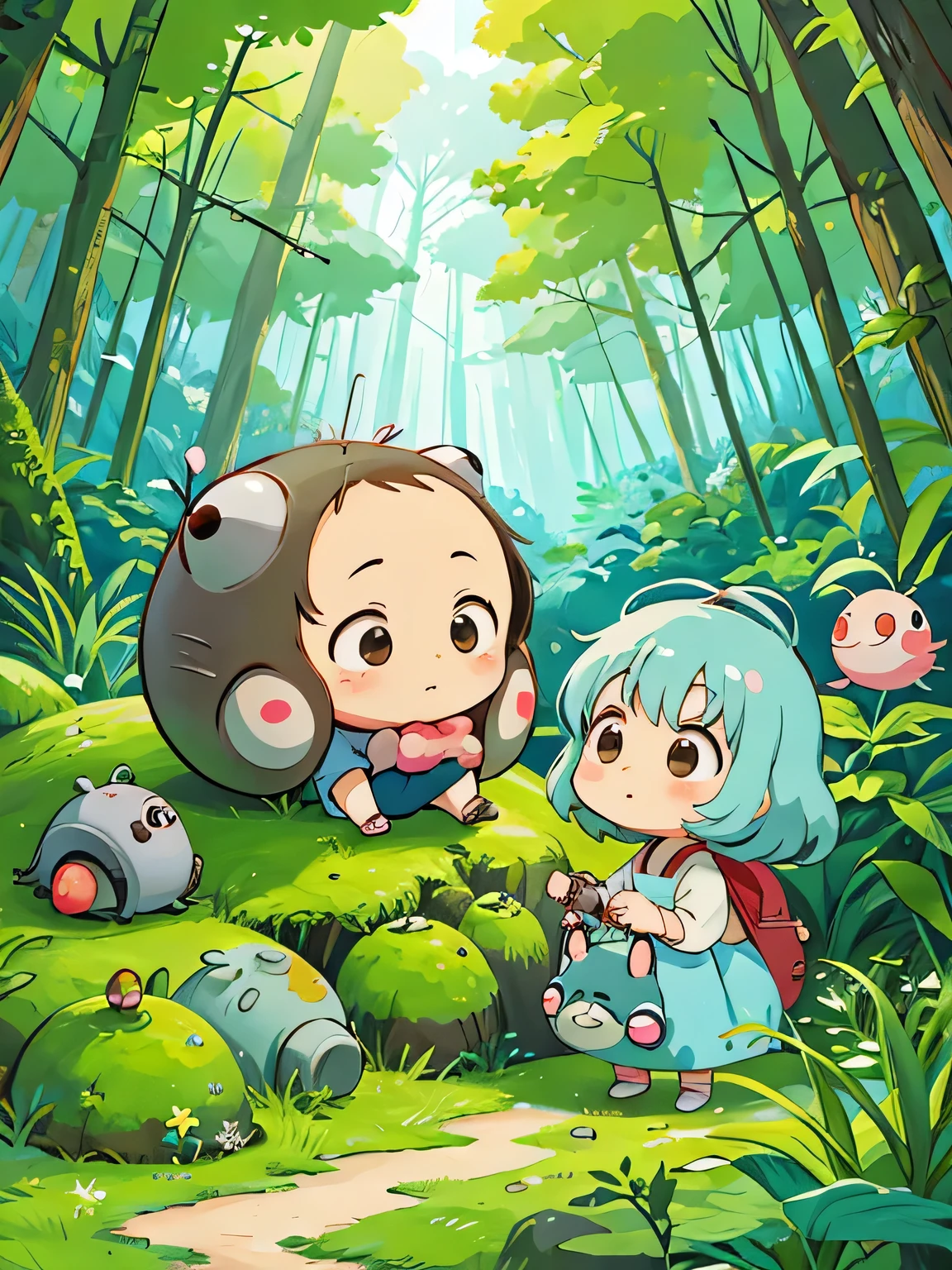 hayao miyazaki style, Kawaii Design, The most beautiful girl of all time、Chibi, Cute and colorful pillbugs、play together、Lots of pillbugs、Totoro Forest