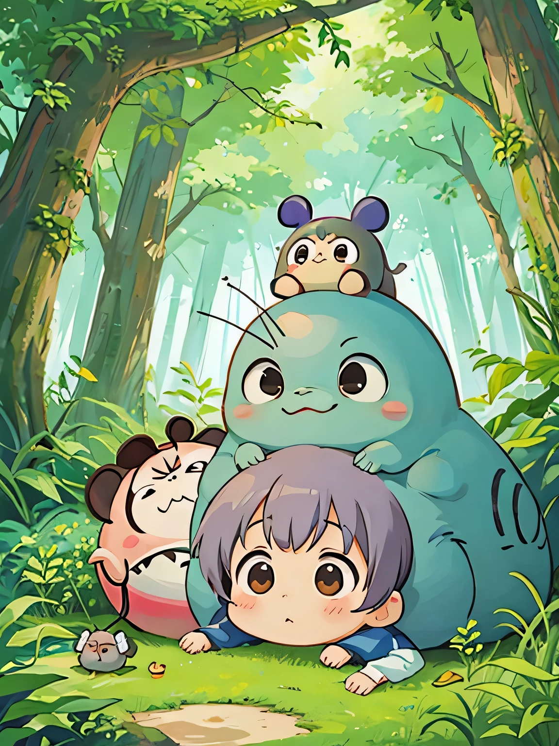 hayao miyazaki style, Kawaii Design, The most beautiful girl of all time、Chibi, Cute and colorful pillbugs、play together、Lots of pillbugs、Totoro Forest