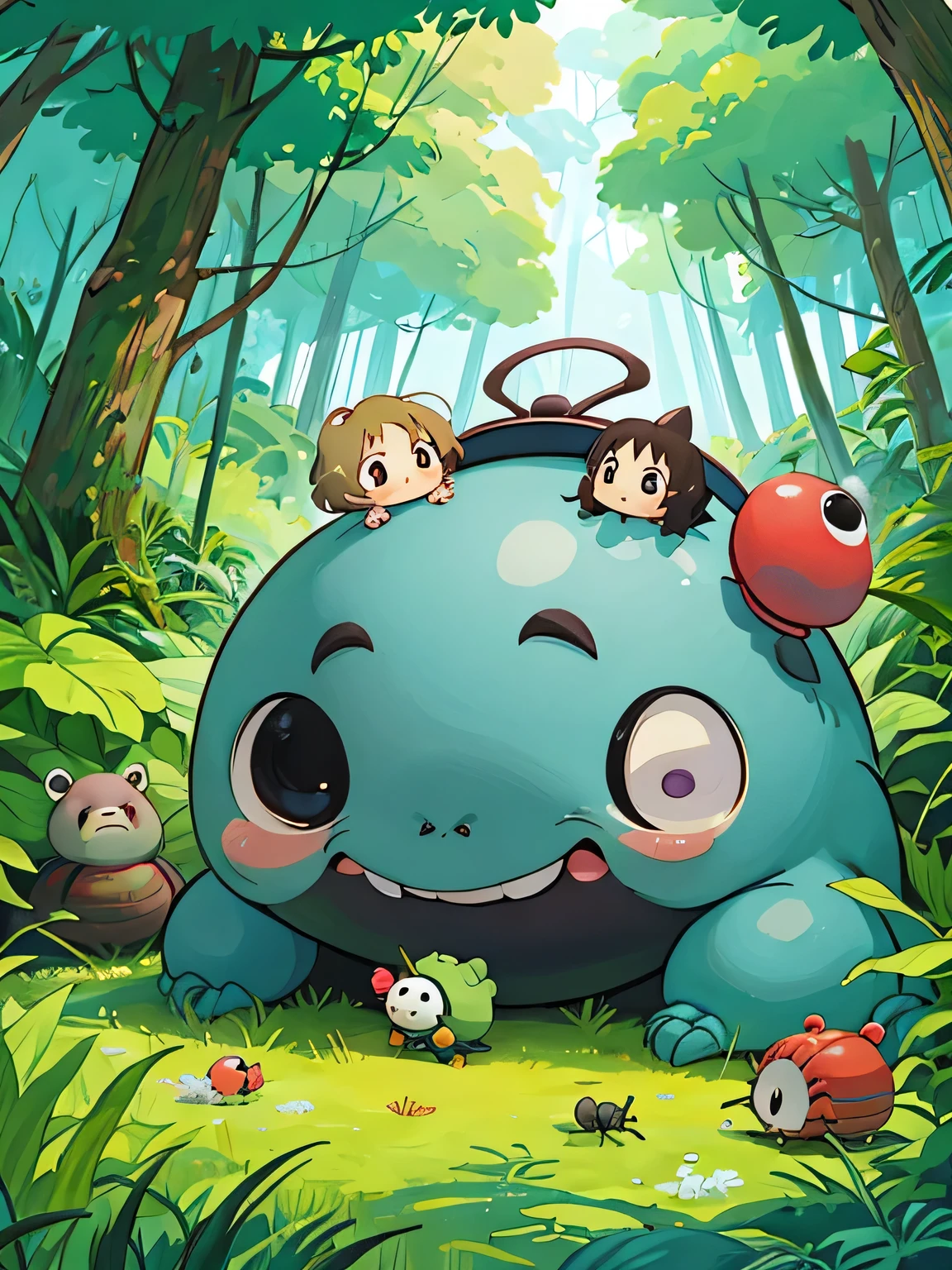 hayao miyazaki style, Kawaii Design, The most beautiful girl of all time、Chibi, Cute and colorful pillbugs、play together、Lots of pillbugs、Totoro Forest